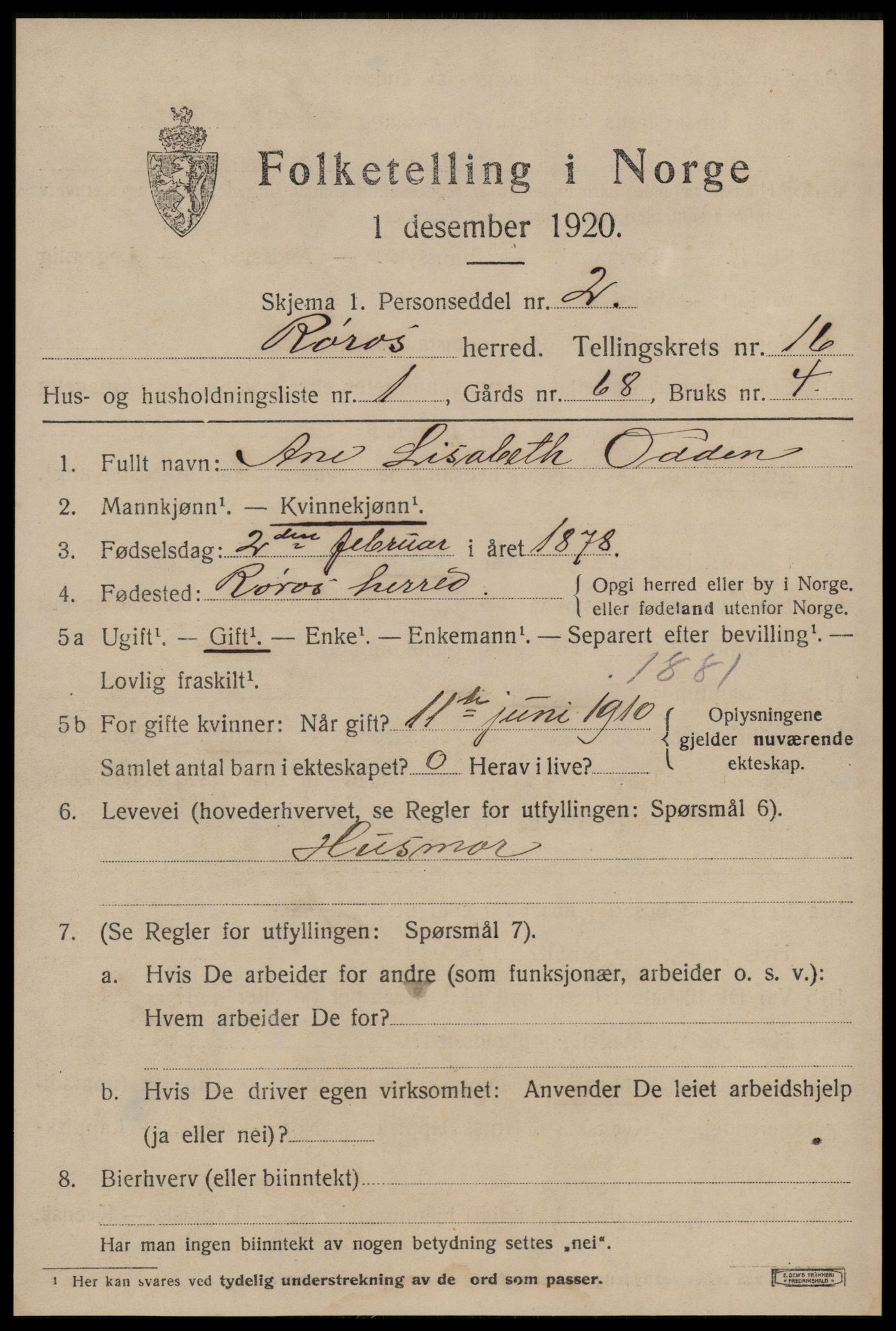 SAT, 1920 census for Røros, 1920, p. 10920