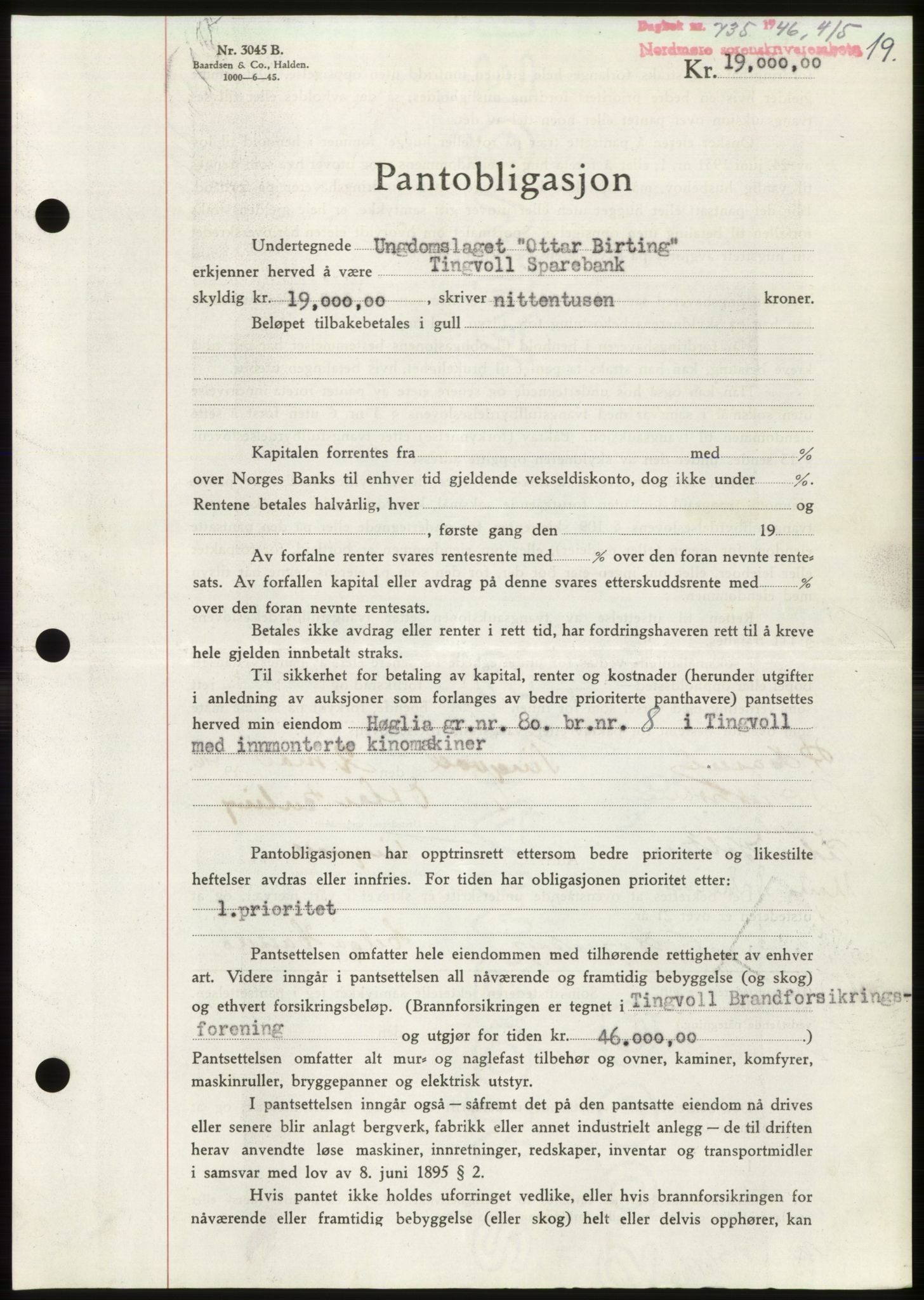 Nordmøre sorenskriveri, AV/SAT-A-4132/1/2/2Ca: Mortgage book no. B94, 1946-1946, Diary no: : 735/1946