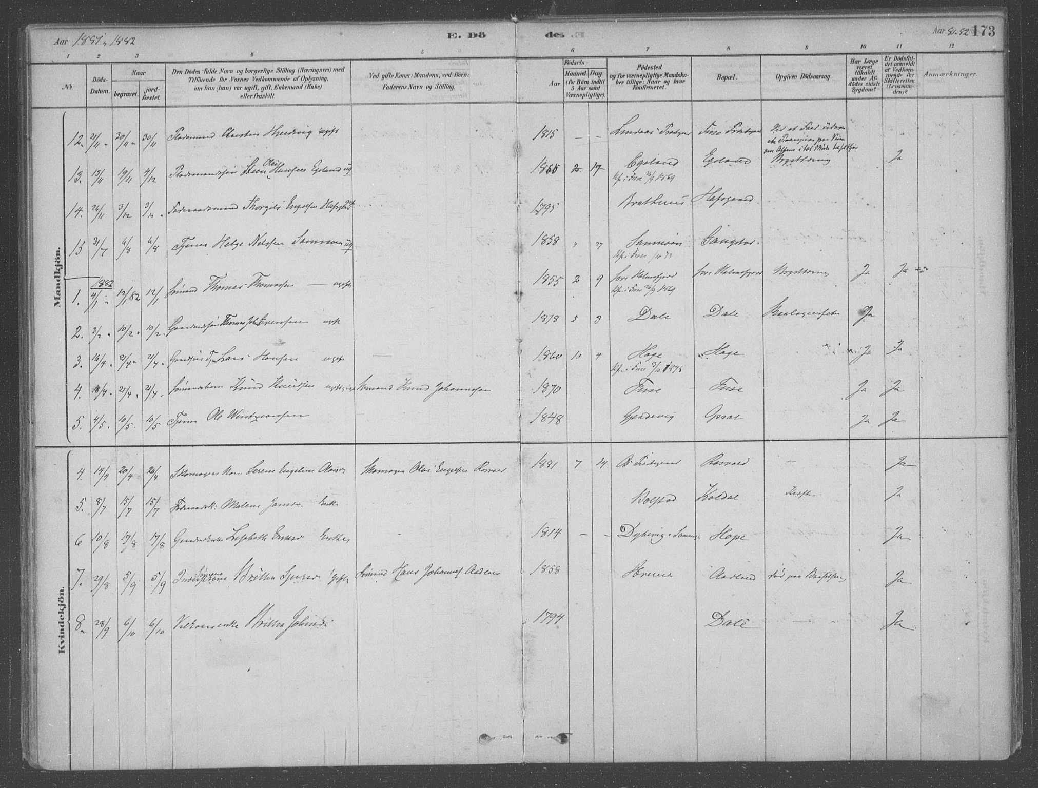 Fusa sokneprestembete, AV/SAB-A-75401/H/Haa: Parish register (official) no. B 1, 1880-1938, p. 173