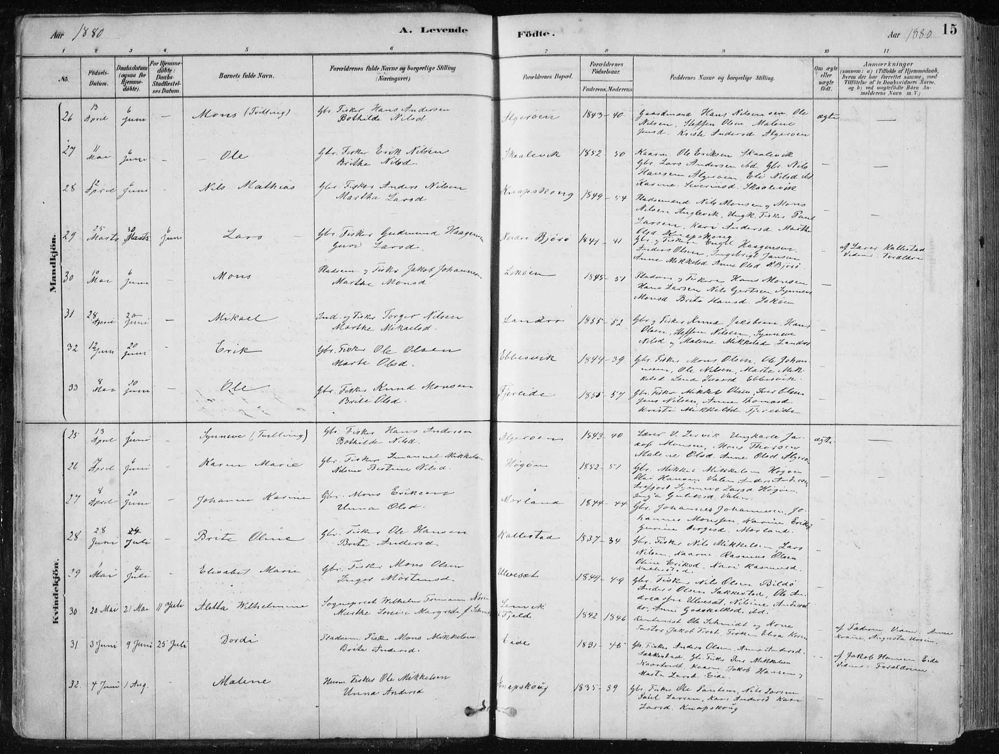Fjell sokneprestembete, SAB/A-75301/H/Haa: Parish register (official) no. A  8, 1878-1898, p. 15