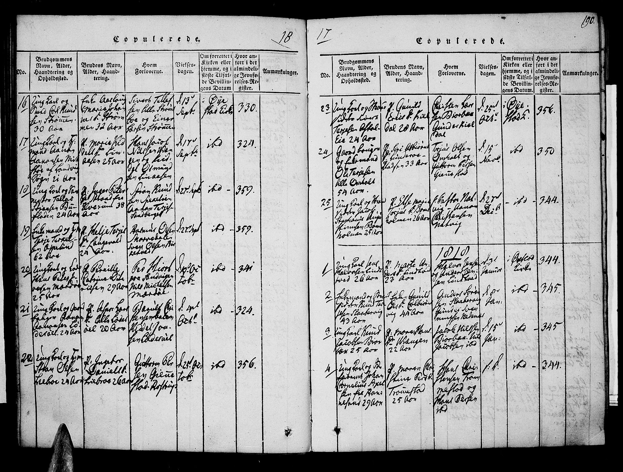 Øyestad sokneprestkontor, SAK/1111-0049/F/Fa/L0012: Parish register (official) no. A 12, 1816-1827, p. 190