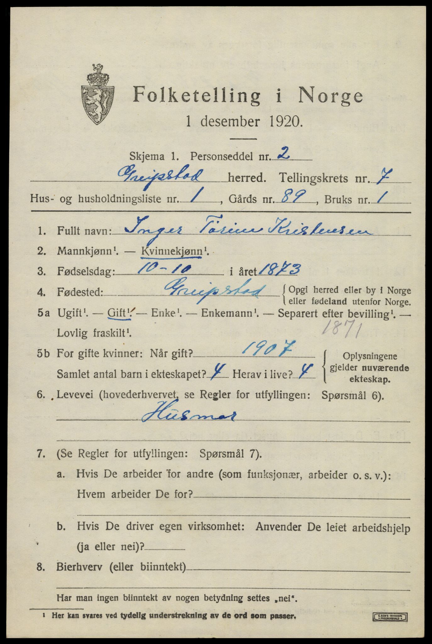 SAK, 1920 census for Greipstad, 1920, p. 2108