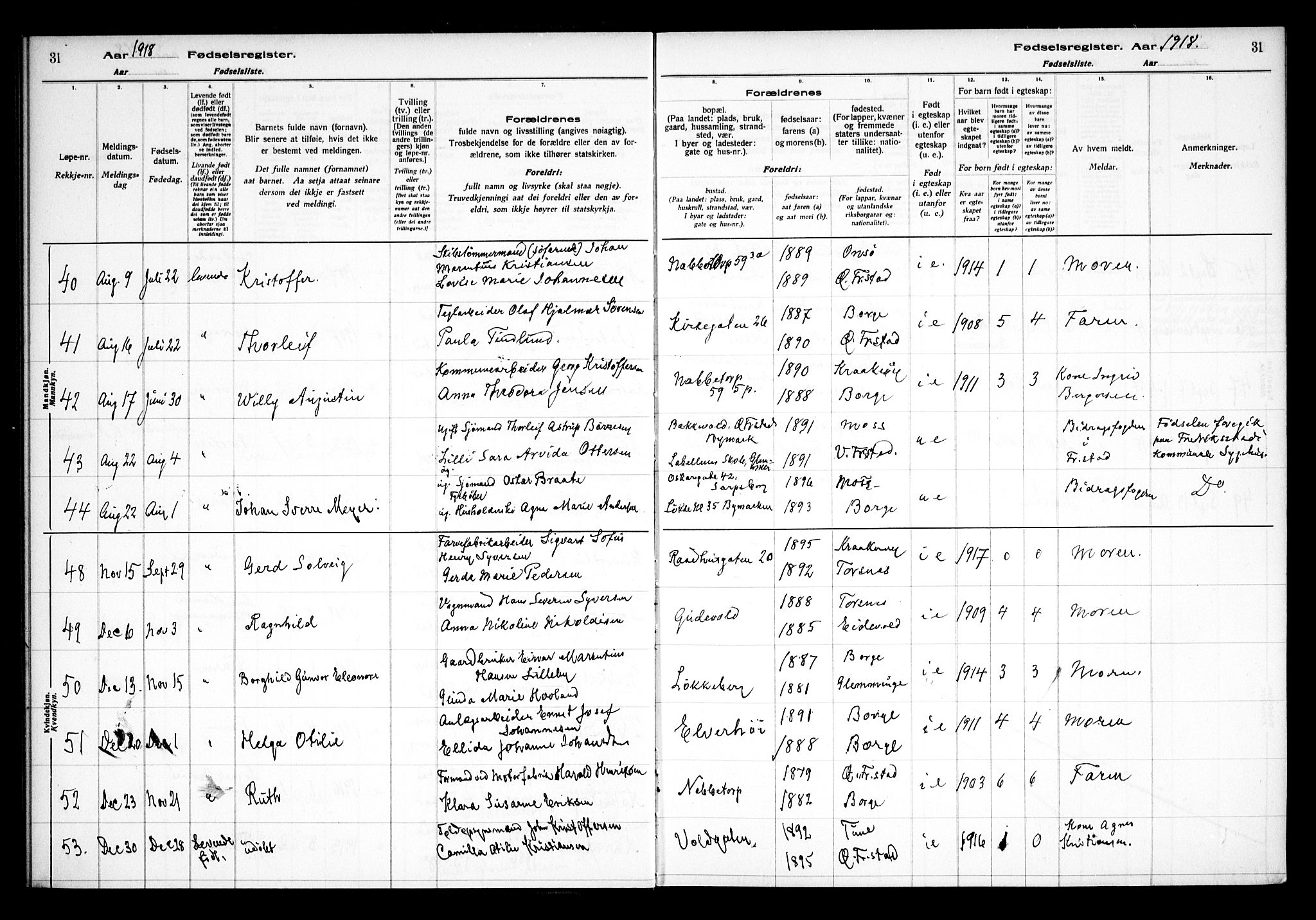 Østre Fredrikstad prestekontor Kirkebøker, AV/SAO-A-10907/J/Ja/L0001: Birth register no. 1, 1916-1936, p. 31