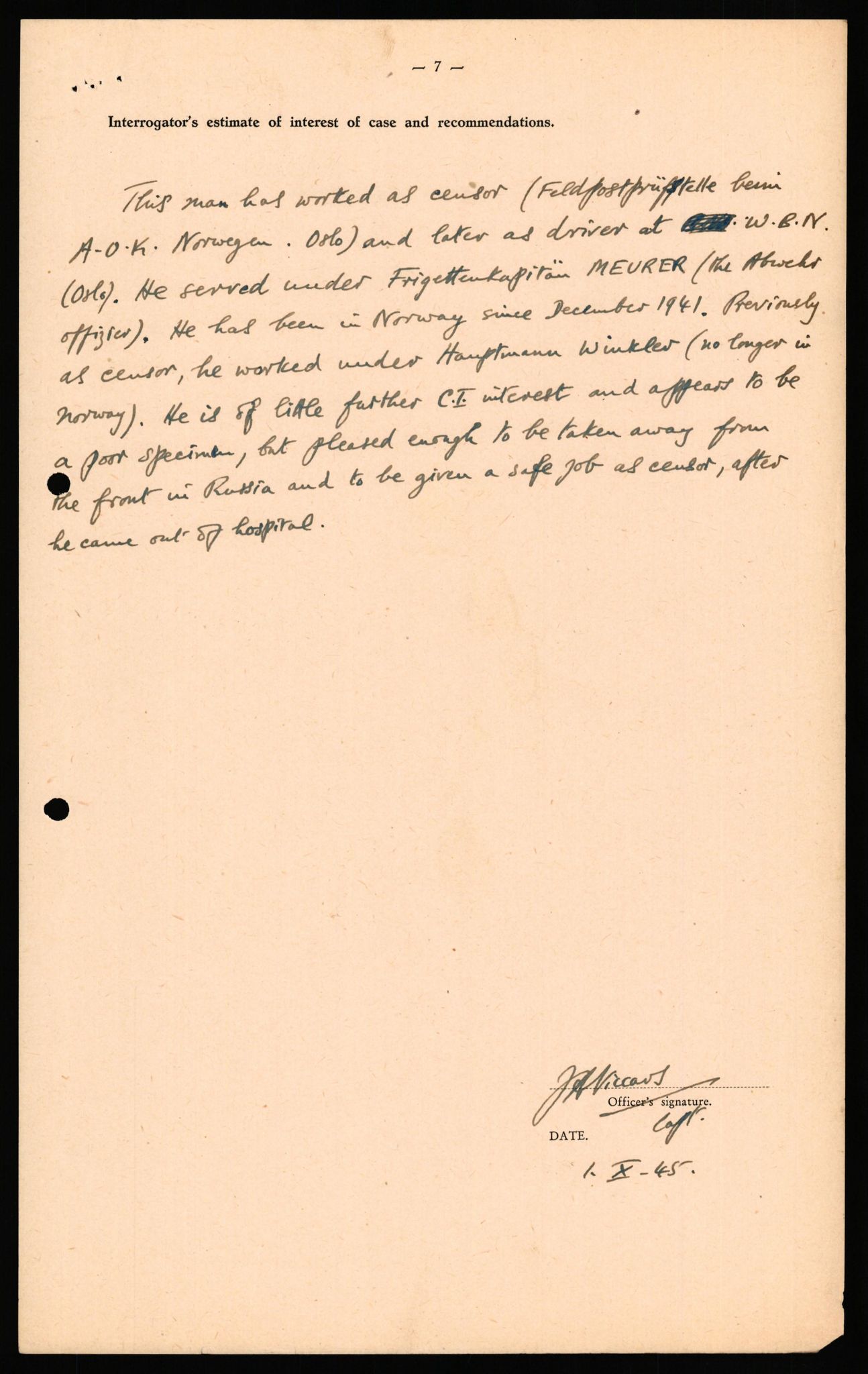 Forsvaret, Forsvarets overkommando II, AV/RA-RAFA-3915/D/Db/L0031: CI Questionaires. Tyske okkupasjonsstyrker i Norge. Tyskere., 1945-1946, p. 501