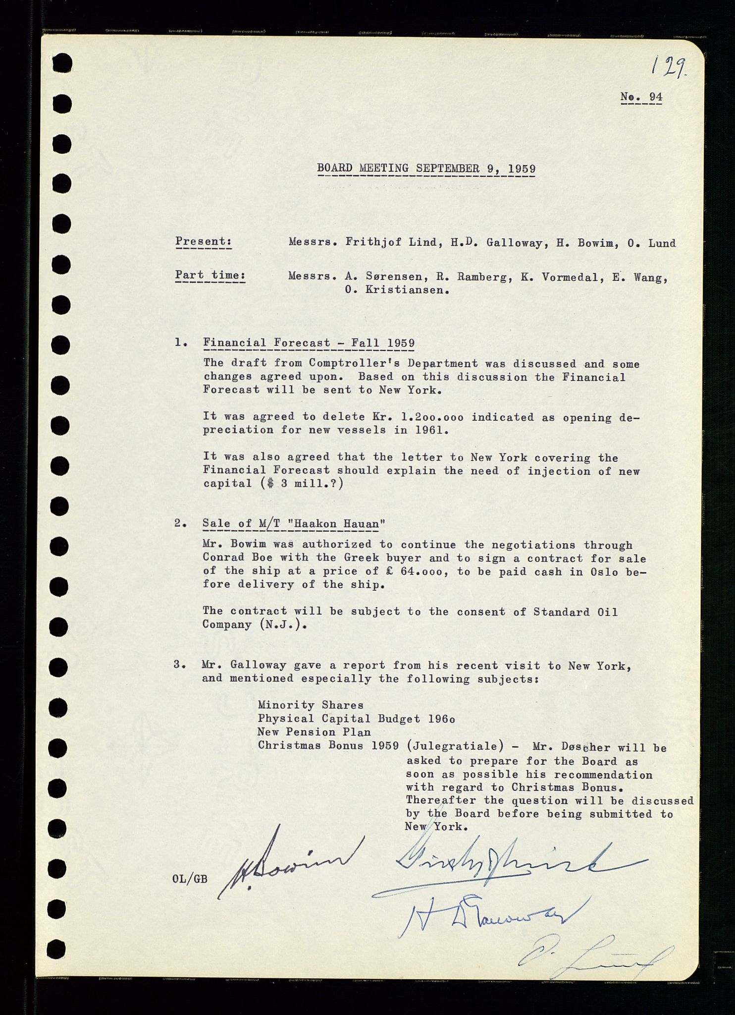 Pa 0982 - Esso Norge A/S, AV/SAST-A-100448/A/Aa/L0001/0001: Den administrerende direksjon Board minutes (styrereferater) / Den administrerende direksjon Board minutes (styrereferater), 1958-1959, p. 129