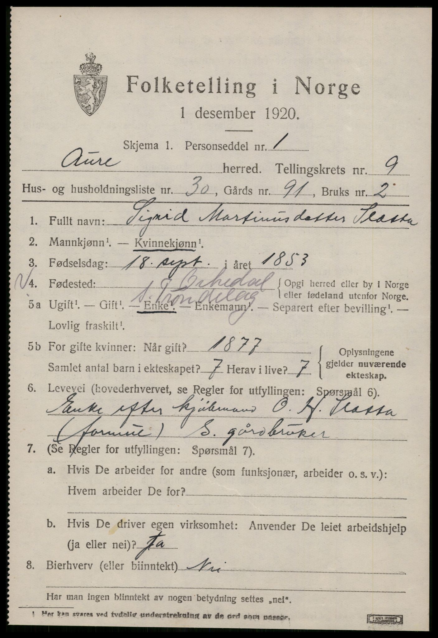 SAT, 1920 census for Aure, 1920, p. 3862