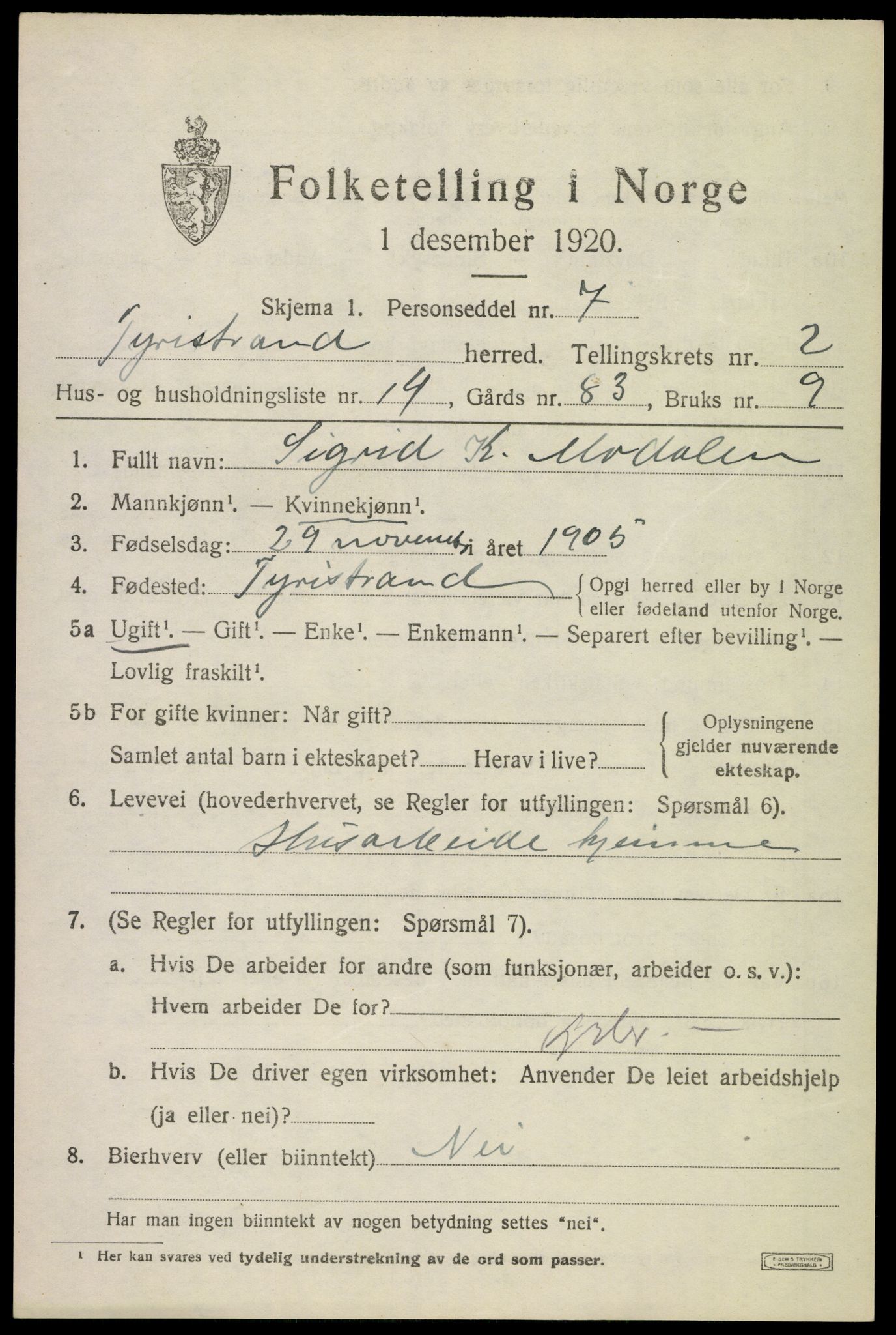 SAKO, 1920 census for Tyristrand, 1920, p. 1454