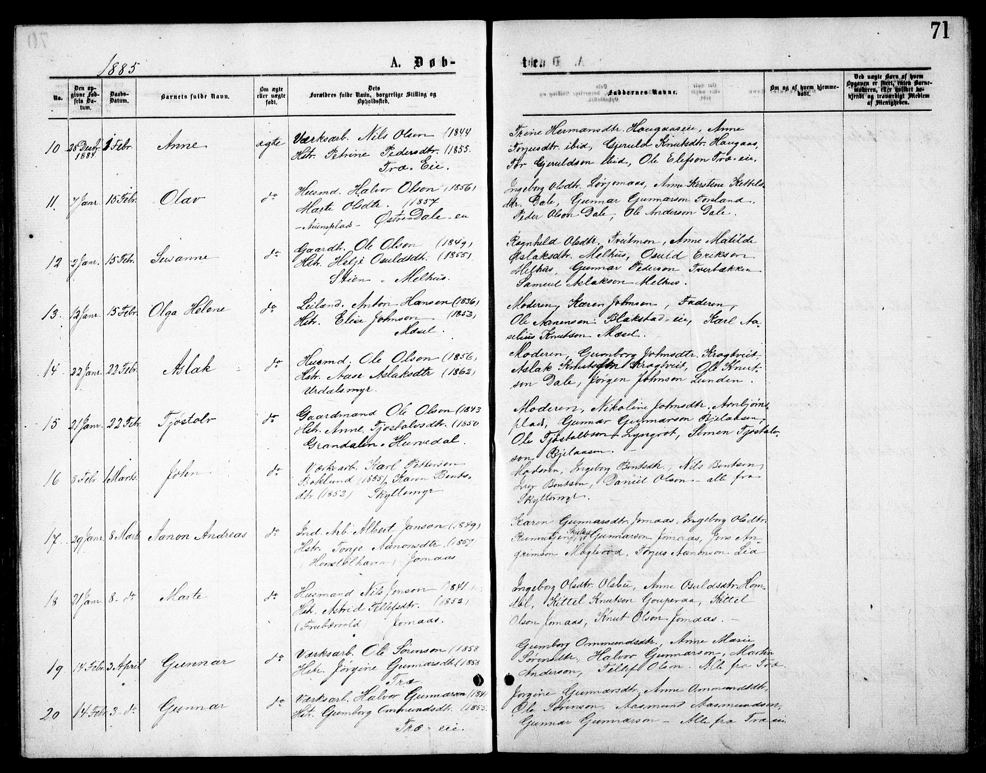 Froland sokneprestkontor, SAK/1111-0013/F/Fb/L0009: Parish register (copy) no. B 9, 1875-1893, p. 71