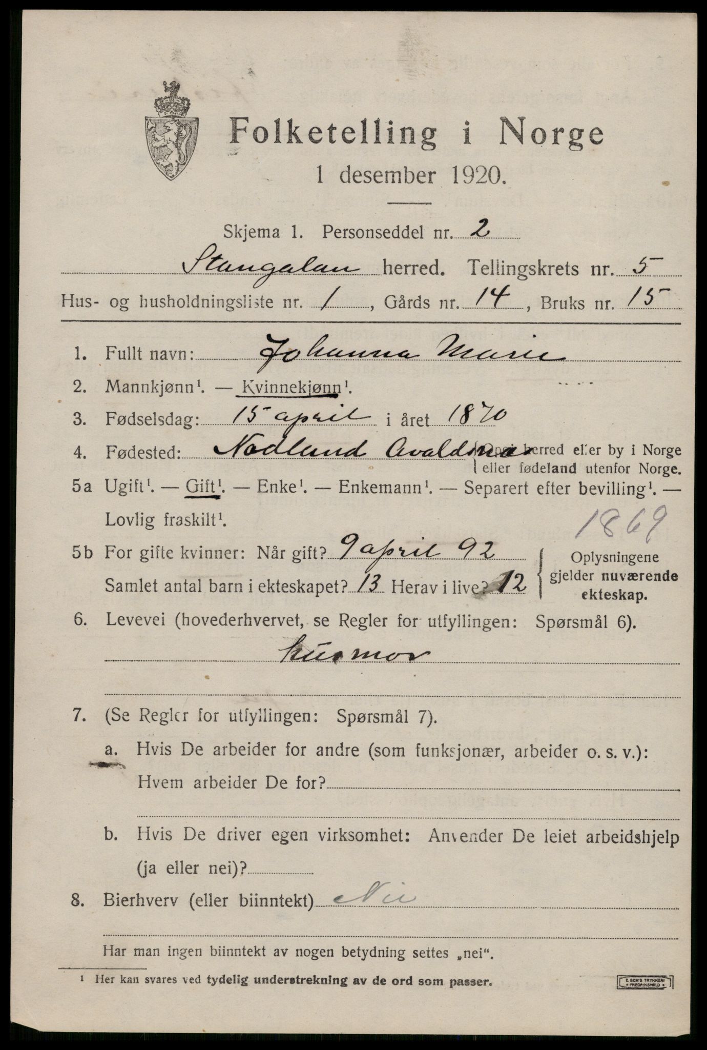 SAST, 1920 census for Stangaland, 1920, p. 3671