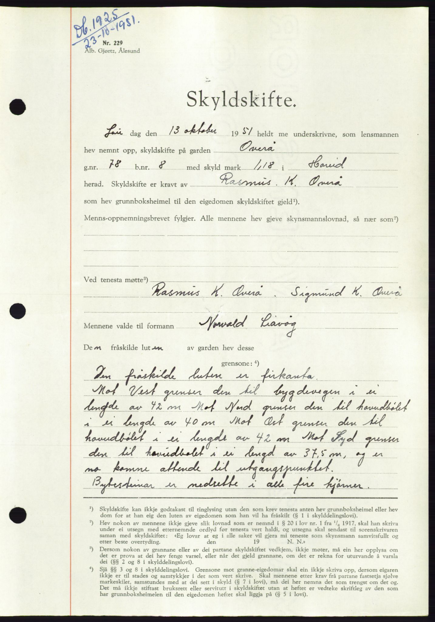 Søre Sunnmøre sorenskriveri, AV/SAT-A-4122/1/2/2C/L0090: Mortgage book no. 16A, 1951-1951, Diary no: : 1925/1951