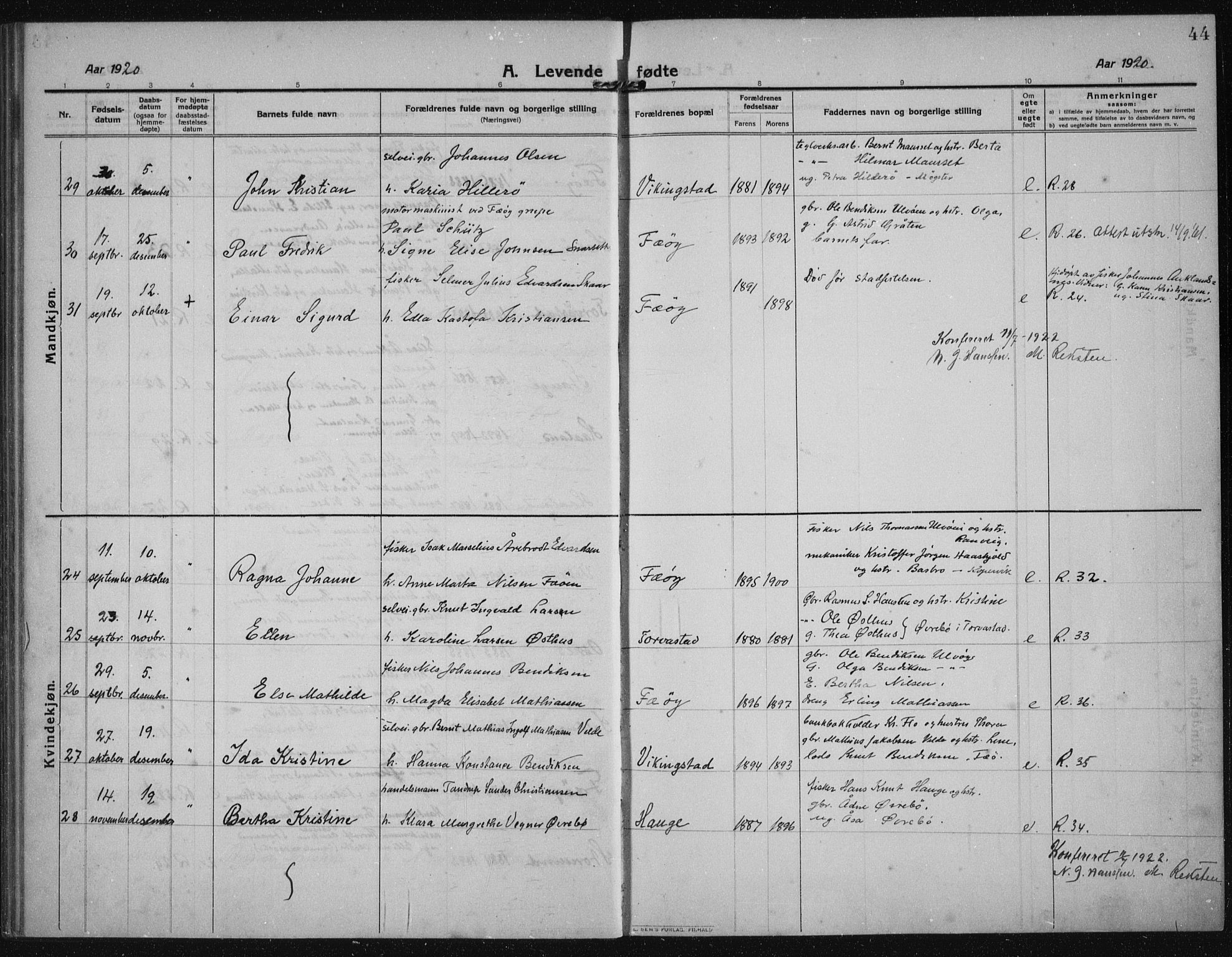 Torvastad sokneprestkontor, AV/SAST-A -101857/H/Ha/Haa/L0019: Parish register (official) no. A 18, 1912-1920, p. 44