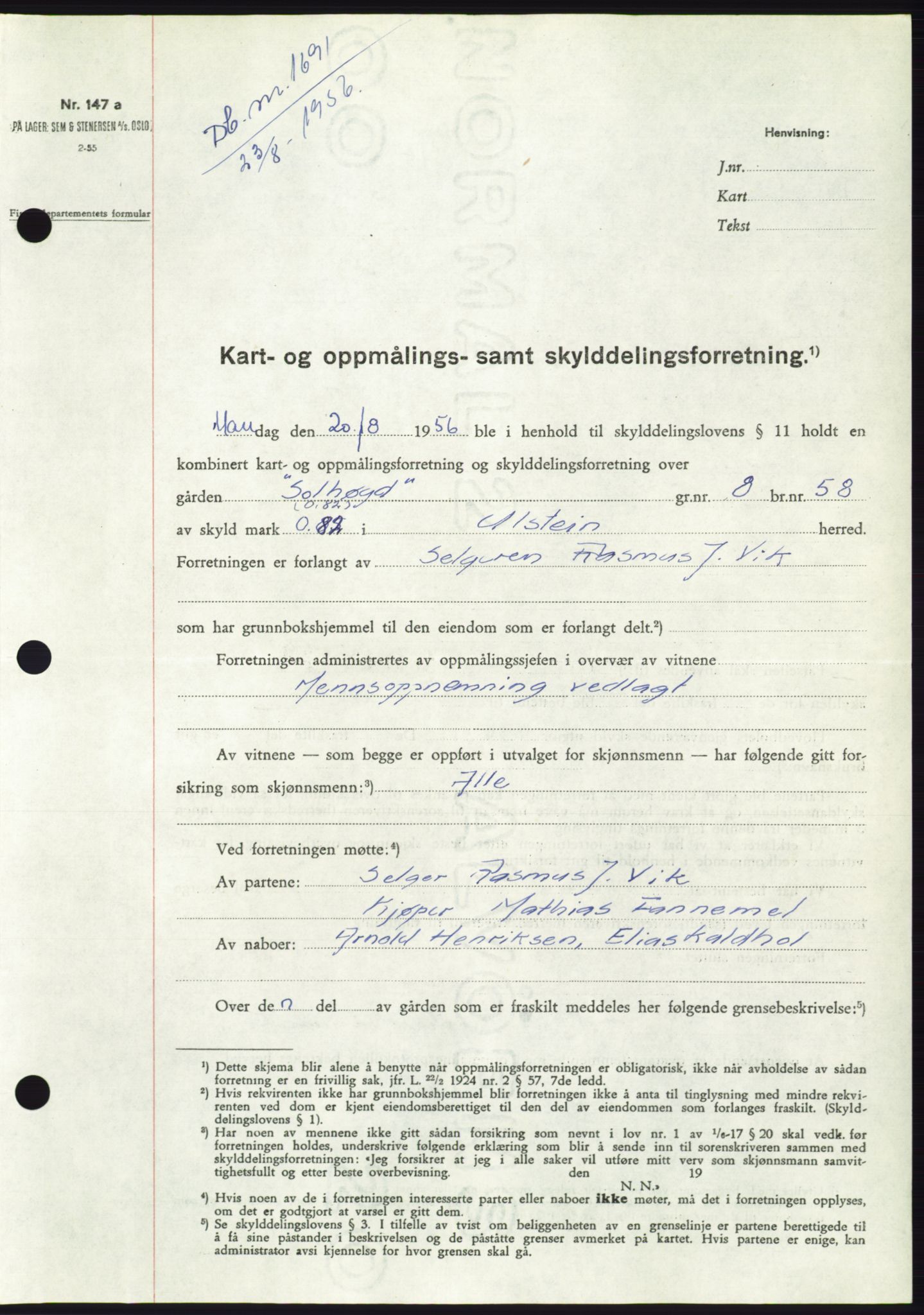 Søre Sunnmøre sorenskriveri, AV/SAT-A-4122/1/2/2C/L0104: Mortgage book no. 30A, 1956-1956, Diary no: : 1691/1956
