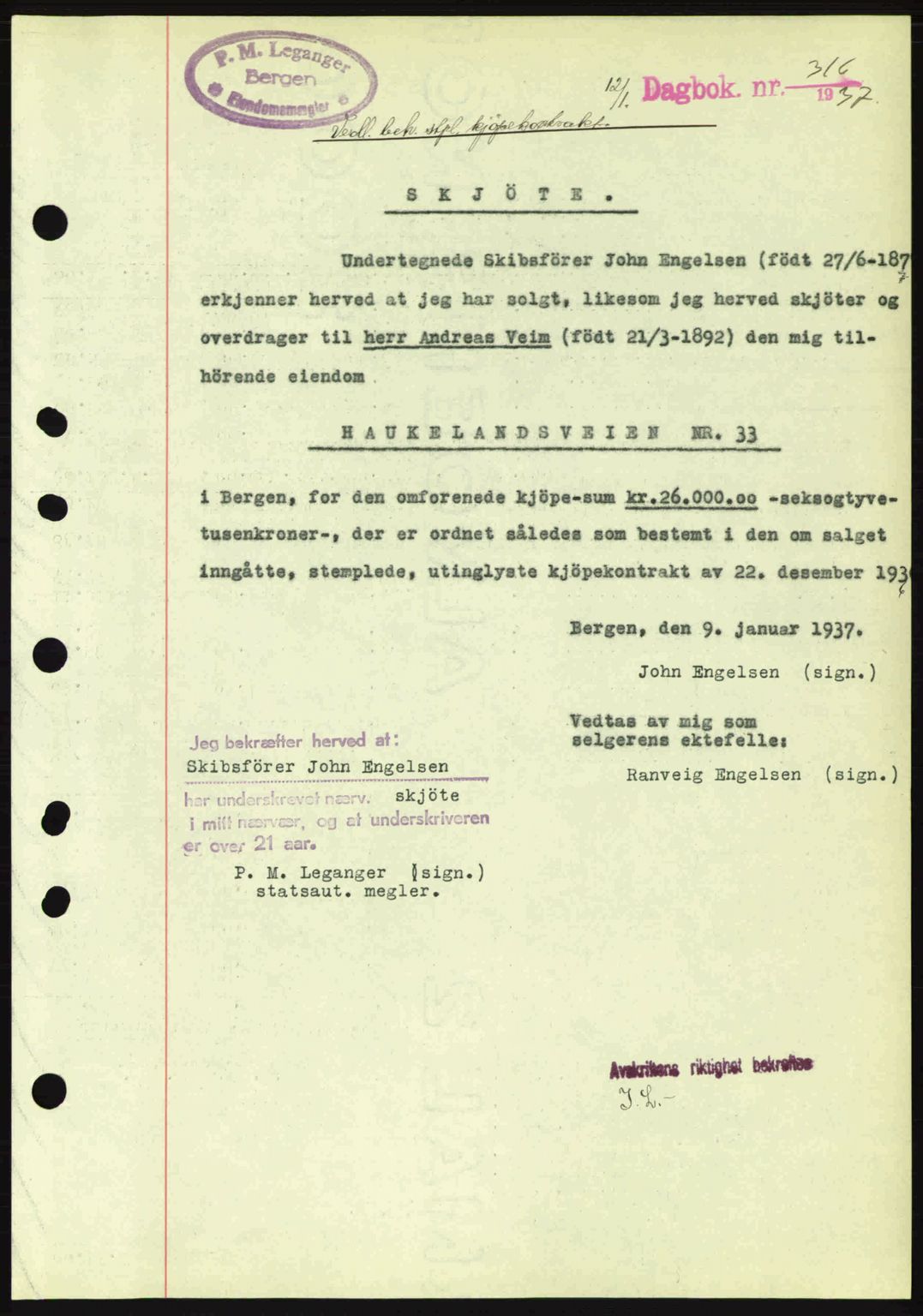 Byfogd og Byskriver i Bergen, SAB/A-3401/03/03Bc/L0004: Mortgage book no. A3-4, 1936-1937, Diary no: : 316/1937