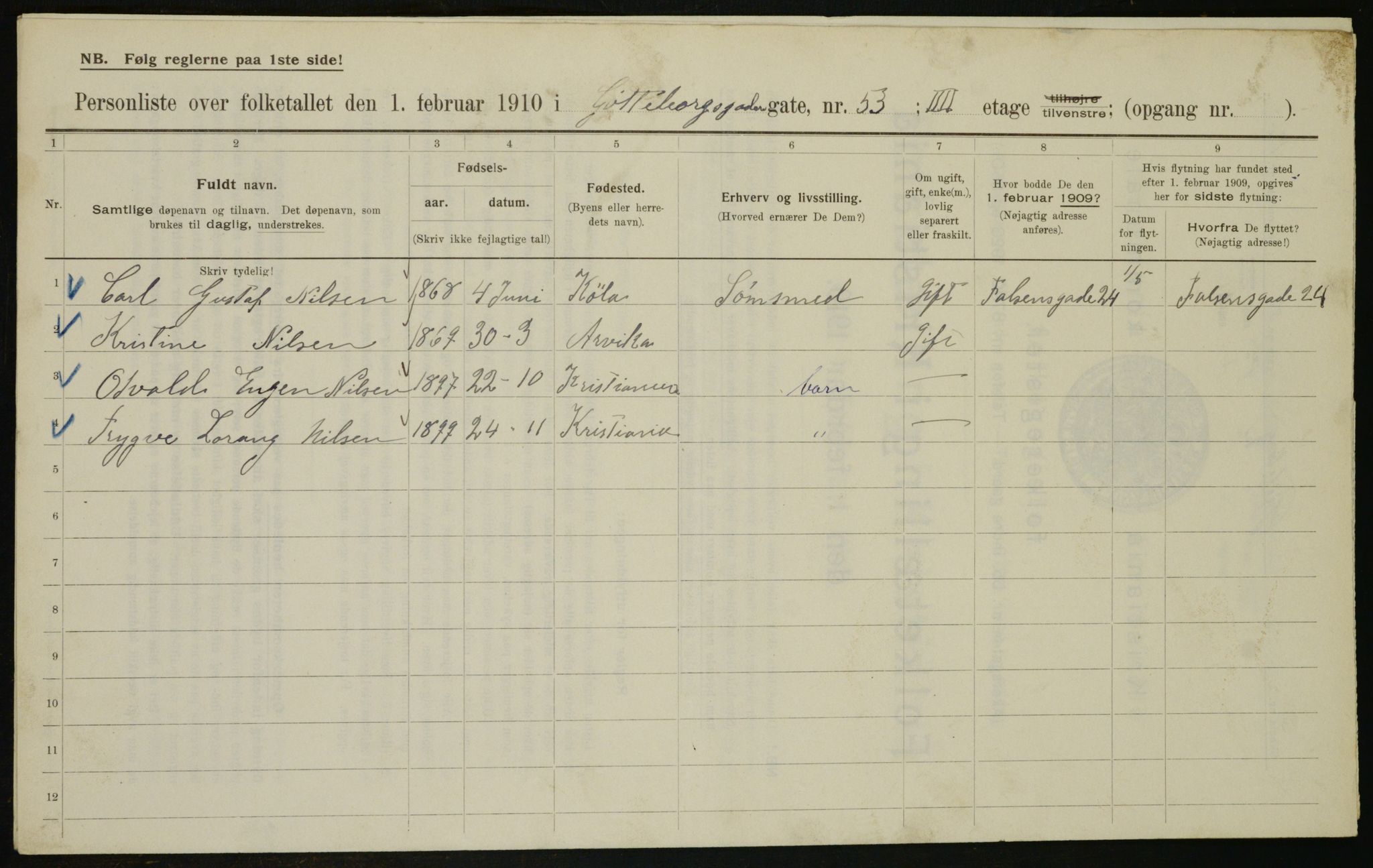 OBA, Municipal Census 1910 for Kristiania, 1910, p. 31889