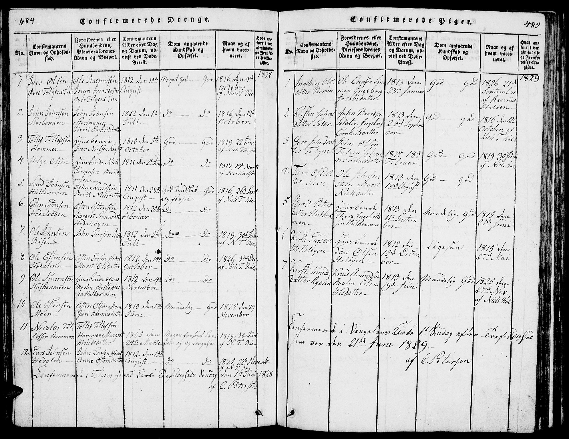 Tolga prestekontor, AV/SAH-PREST-062/L/L0001: Parish register (copy) no. 1, 1814-1877, p. 484-485