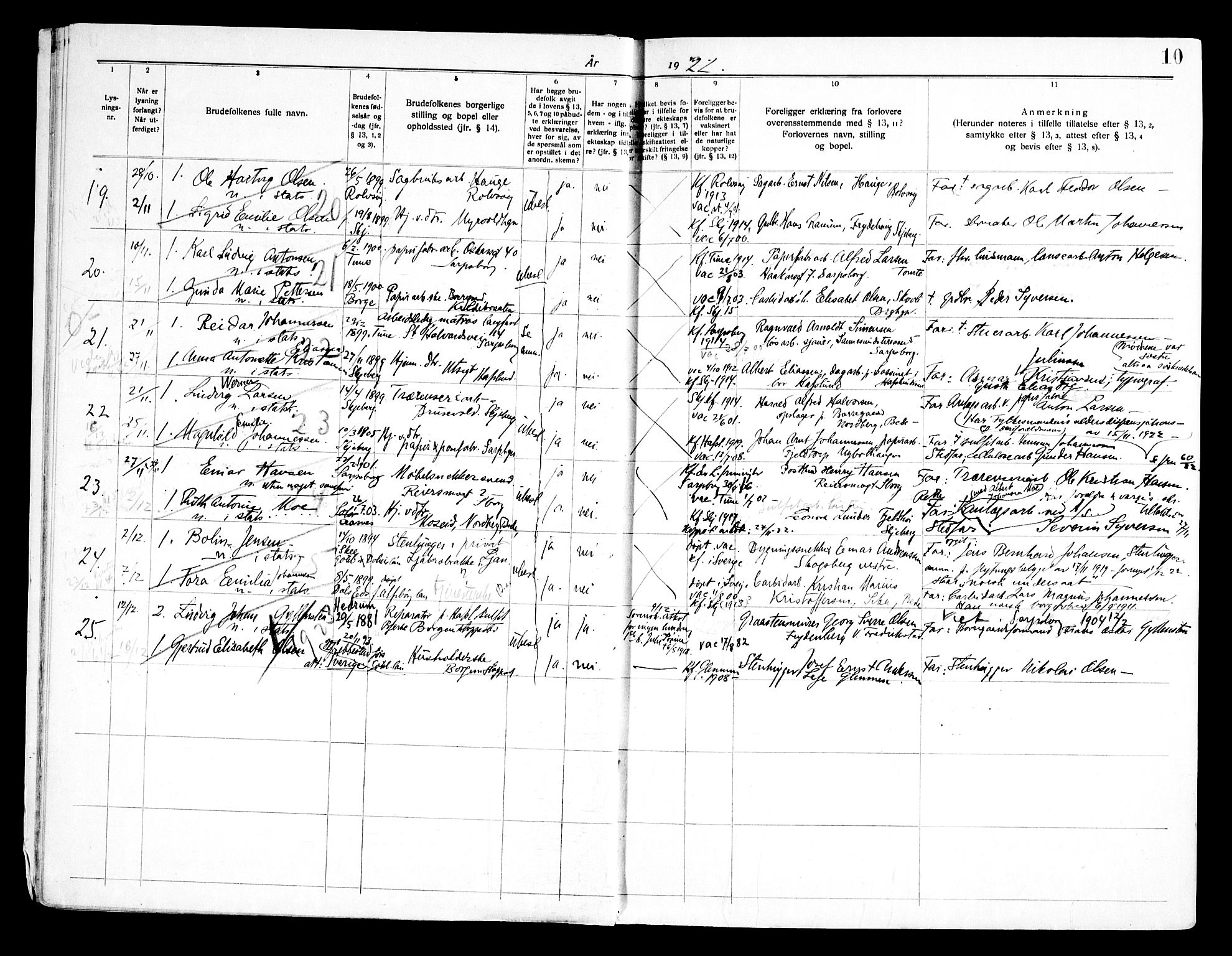 Skjeberg prestekontor Kirkebøker, SAO/A-10923/H/Hc/L0001: Banns register no. III 1, 1919-1949, p. 10
