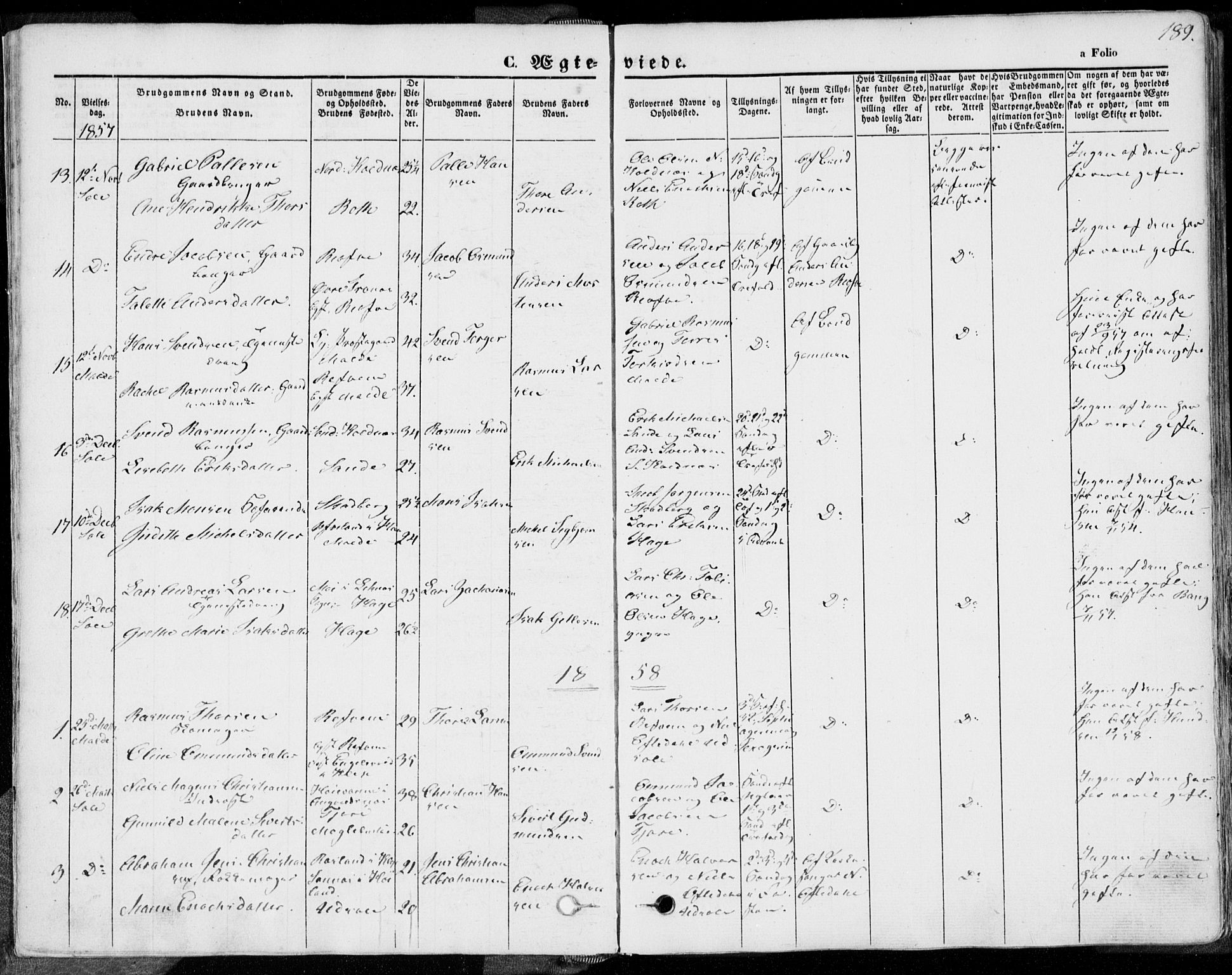 Håland sokneprestkontor, SAST/A-101802/001/30BA/L0008: Parish register (official) no. A 7.2, 1854-1870, p. 189