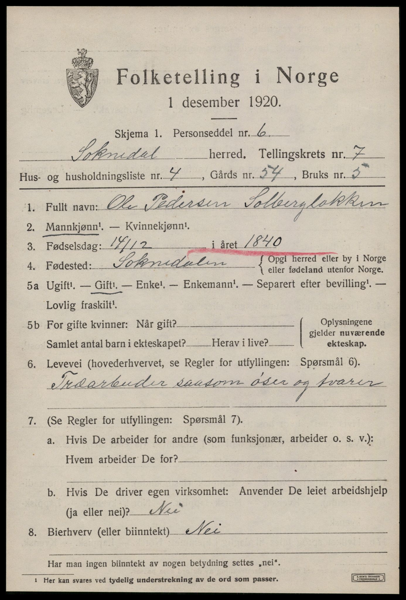 SAT, 1920 census for Soknedal, 1920, p. 3488