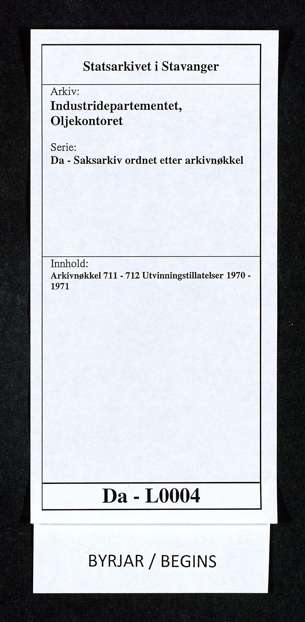 Industridepartementet, Oljekontoret, SAST/A-101348/Da/L0004: Arkivnøkkel 711 - 712 Utvinningstillatelser, 1970-1971, p. 1
