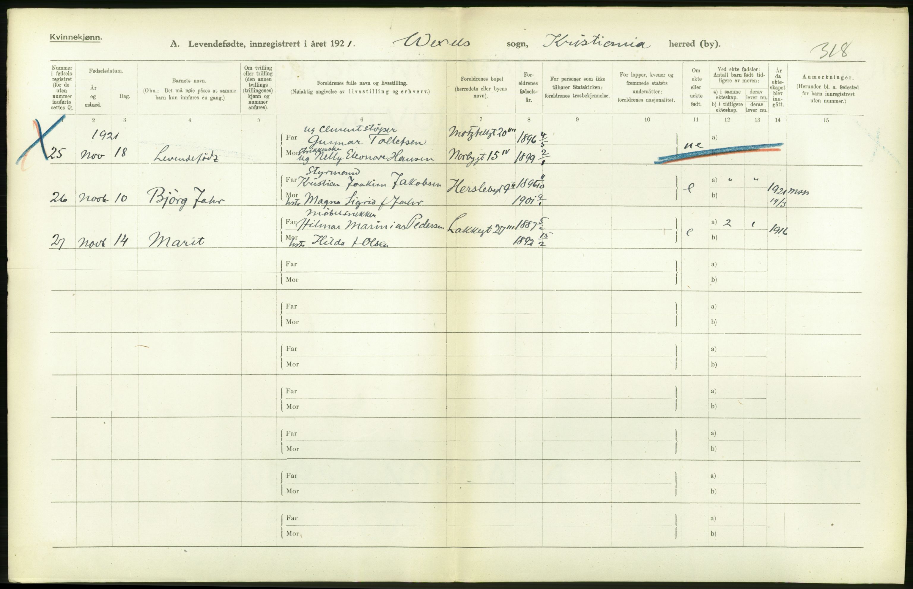 Statistisk sentralbyrå, Sosiodemografiske emner, Befolkning, RA/S-2228/D/Df/Dfc/Dfca/L0009: Kristiania: Levendefødte menn og kvinner., 1921, p. 78