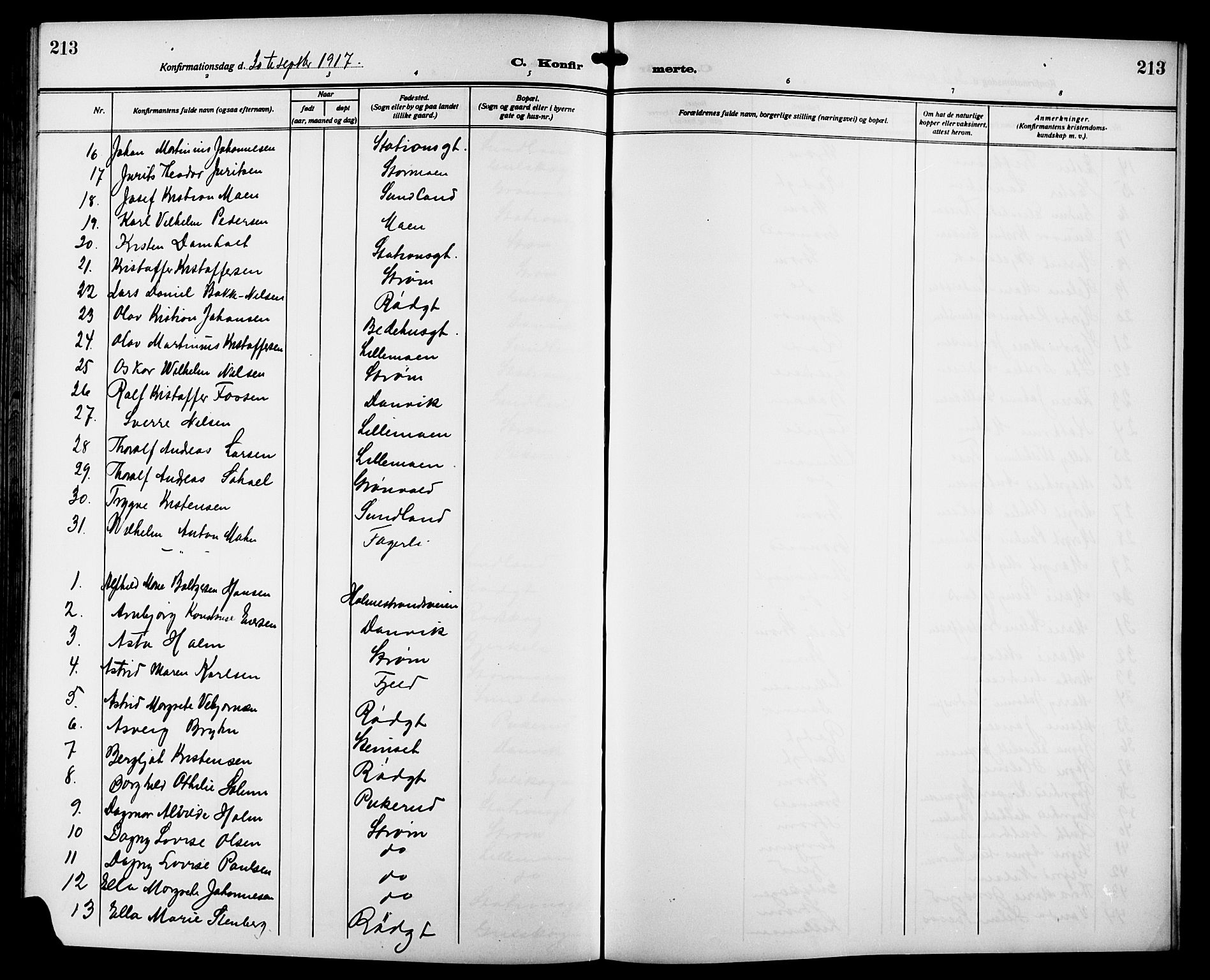 Strømsgodset kirkebøker, SAKO/A-324/G/Ga/L0003: Parish register (copy) no. 3, 1911-1926, p. 213