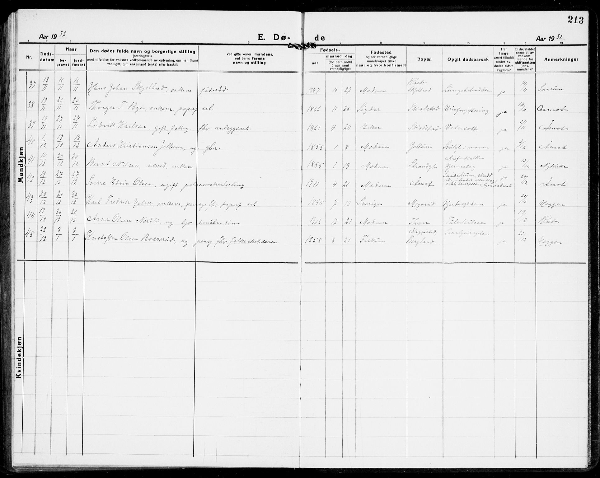 Modum kirkebøker, AV/SAKO-A-234/G/Ga/L0012: Parish register (copy) no. I 12, 1923-1933, p. 213