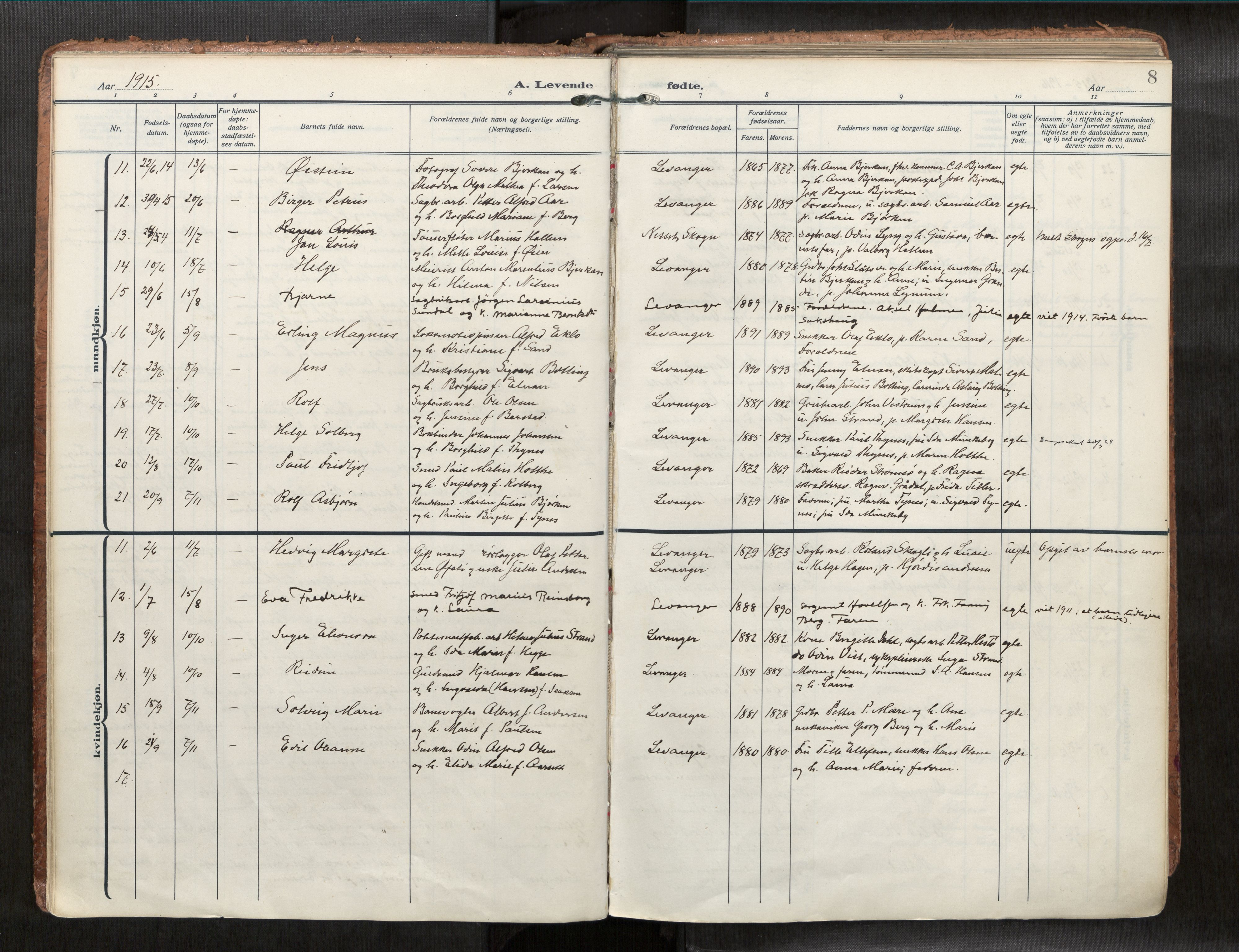 Levanger sokneprestkontor, SAT/A-1301/2/H/Haa/L0001: Parish register (official) no. 1, 1912-1932, p. 8