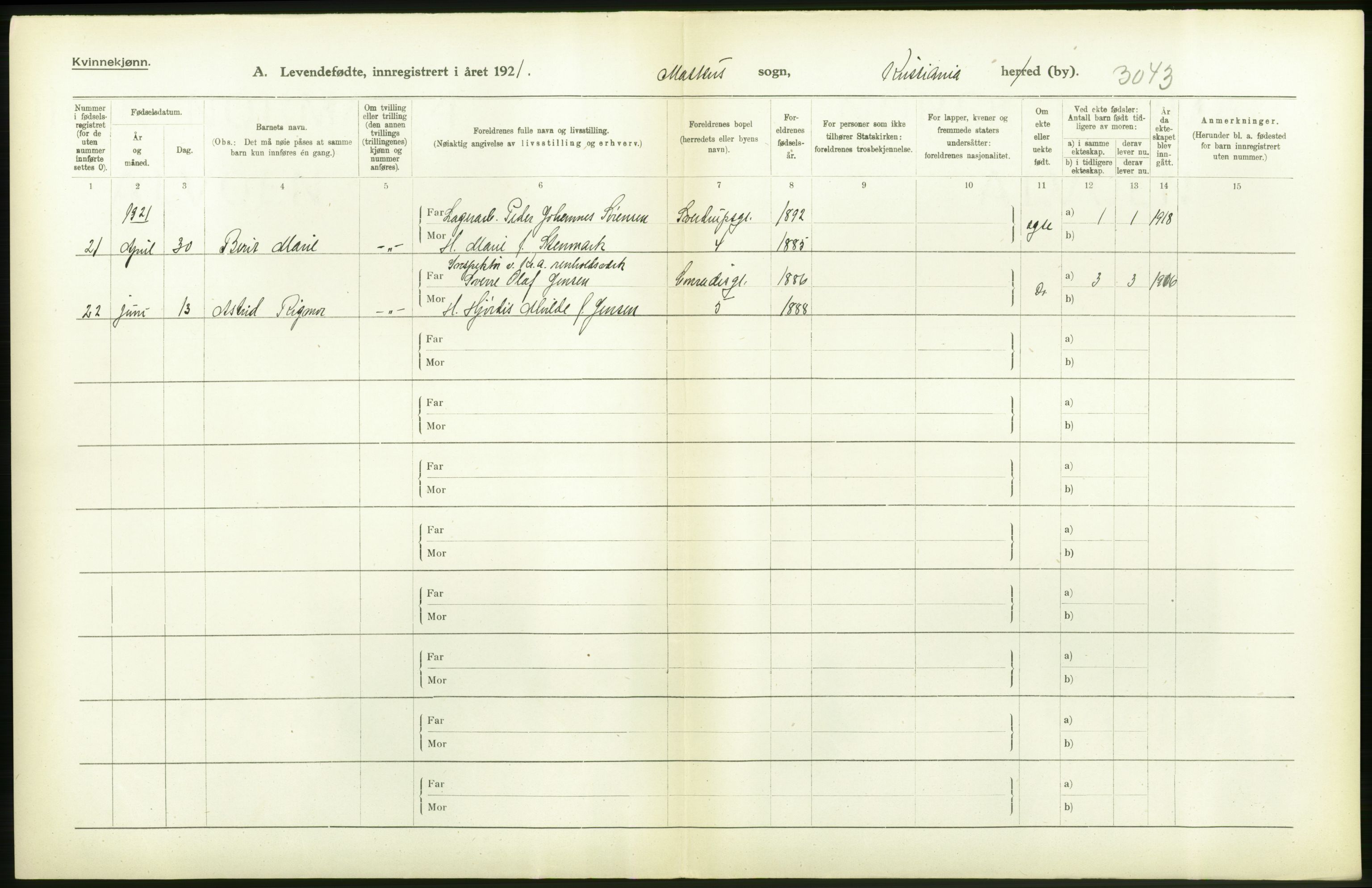 Statistisk sentralbyrå, Sosiodemografiske emner, Befolkning, AV/RA-S-2228/D/Df/Dfc/Dfca/L0008: Kristiania: Levendefødte menn og kvinner., 1921, p. 156