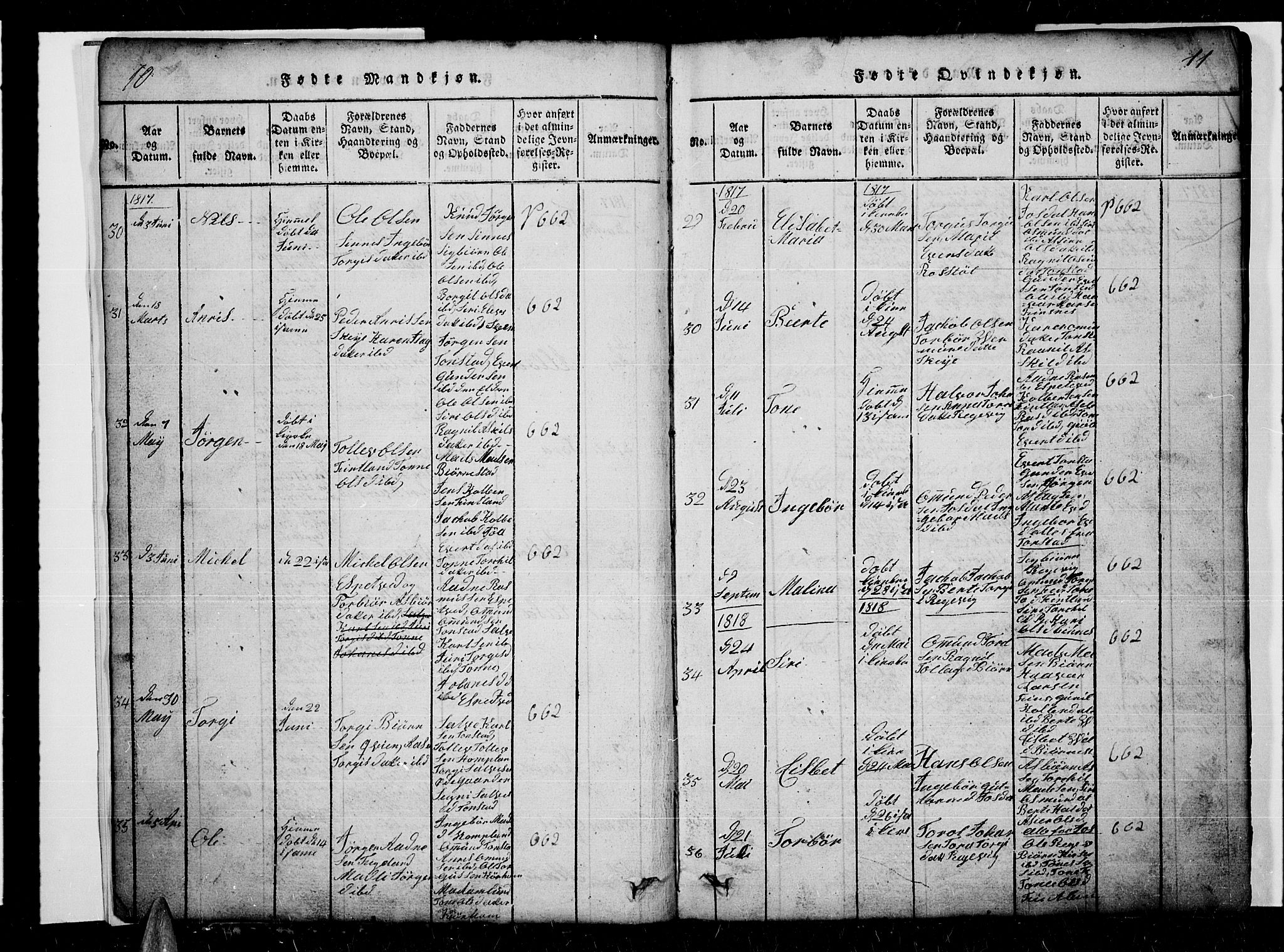 Sirdal sokneprestkontor, SAK/1111-0036/F/Fb/Fbb/L0001: Parish register (copy) no. B 1, 1815-1834, p. 10-11