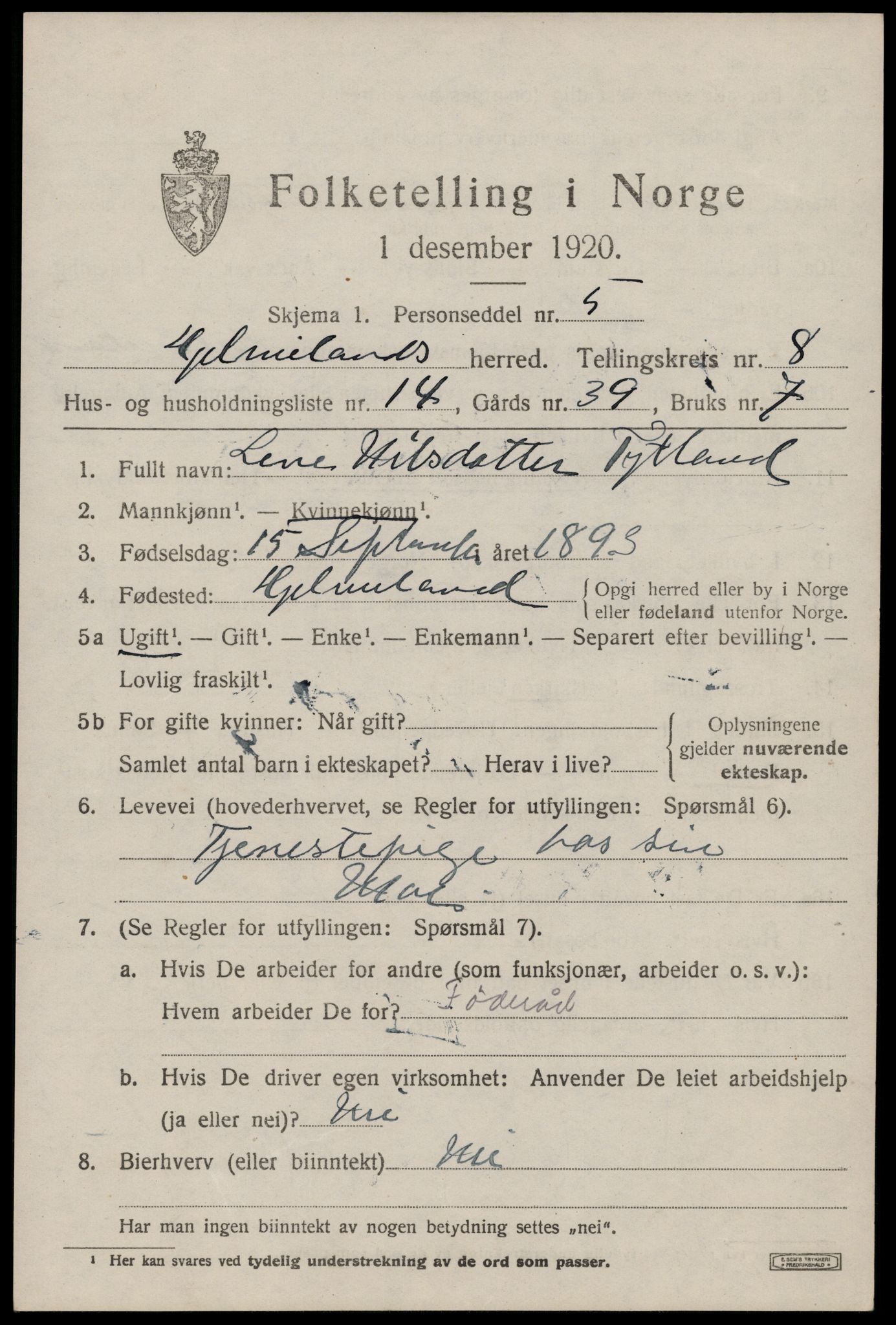 SAST, 1920 census for Hjelmeland, 1920, p. 2683