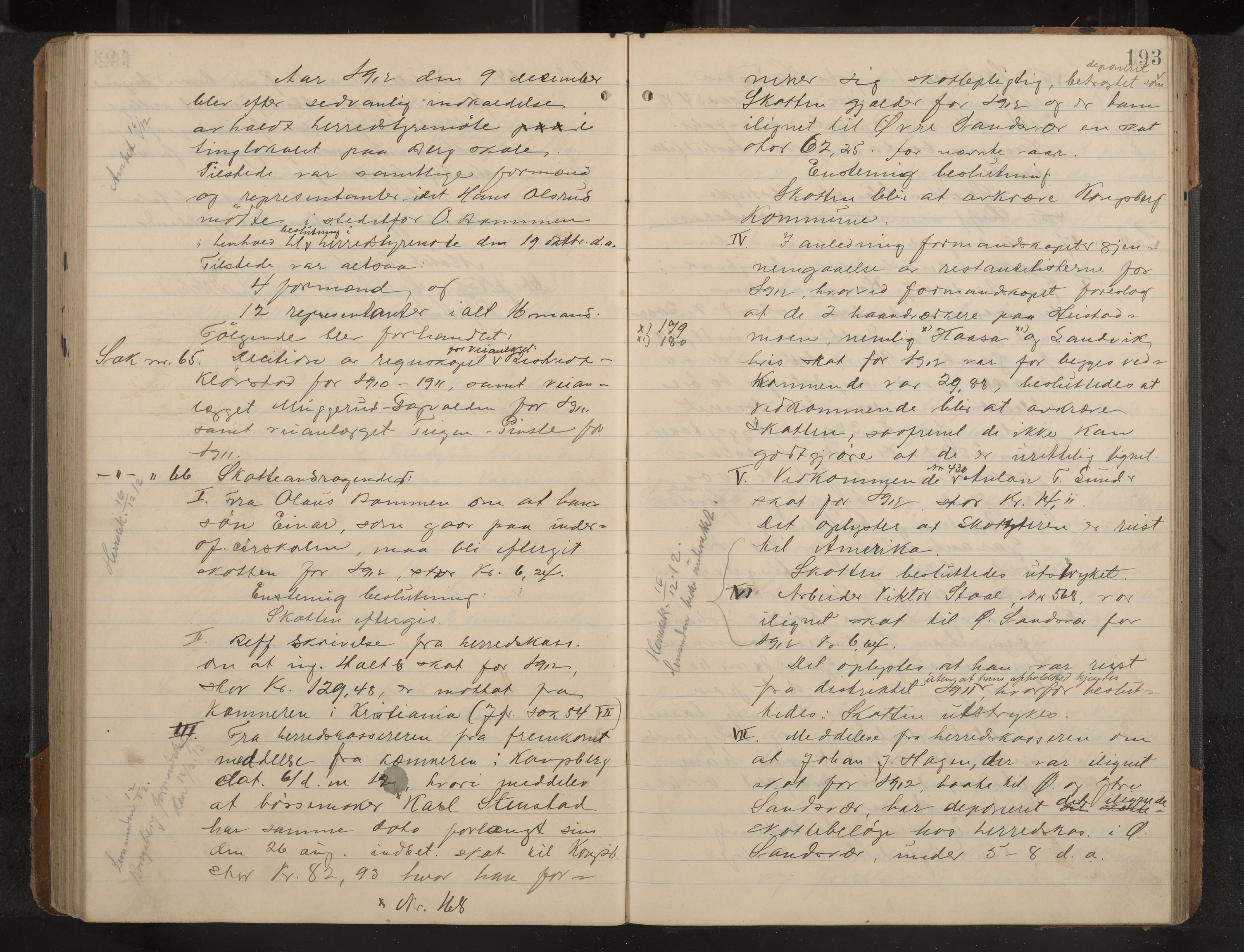 Øvre Sandsvær formannskap og sentraladministrasjon, IKAK/0630021/A/L0001: Møtebok med register, 1908-1913, p. 193