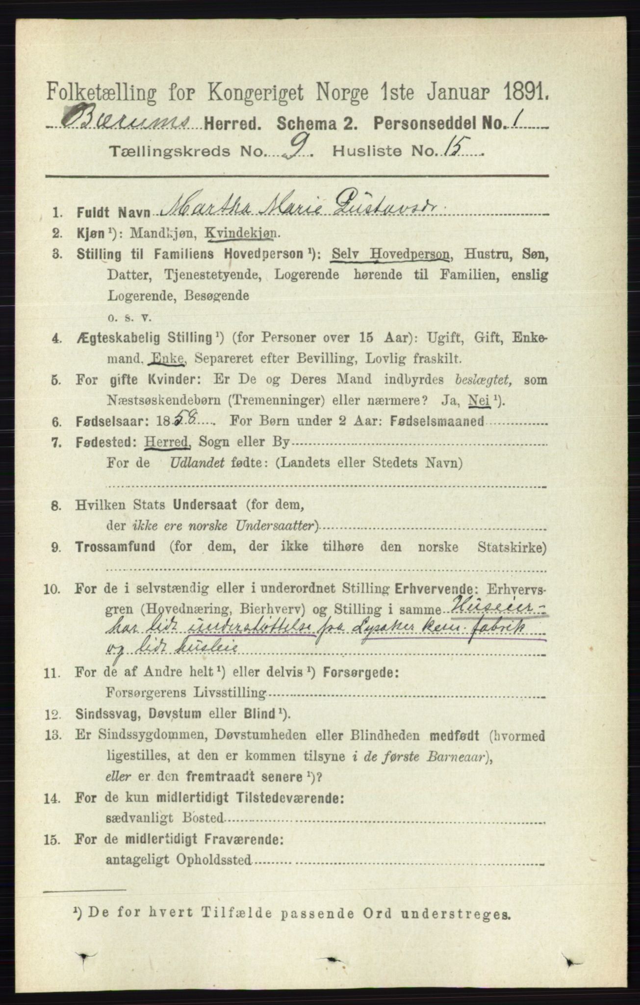 RA, 1891 census for 0219 Bærum, 1891, p. 5242