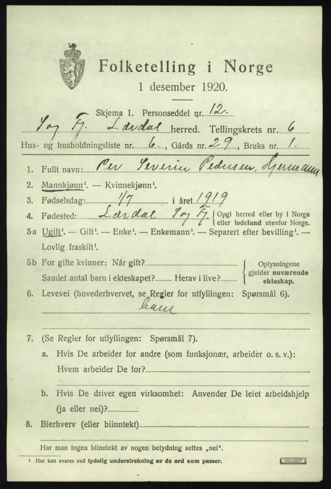 SAB, 1920 census for Lærdal, 1920, p. 2760