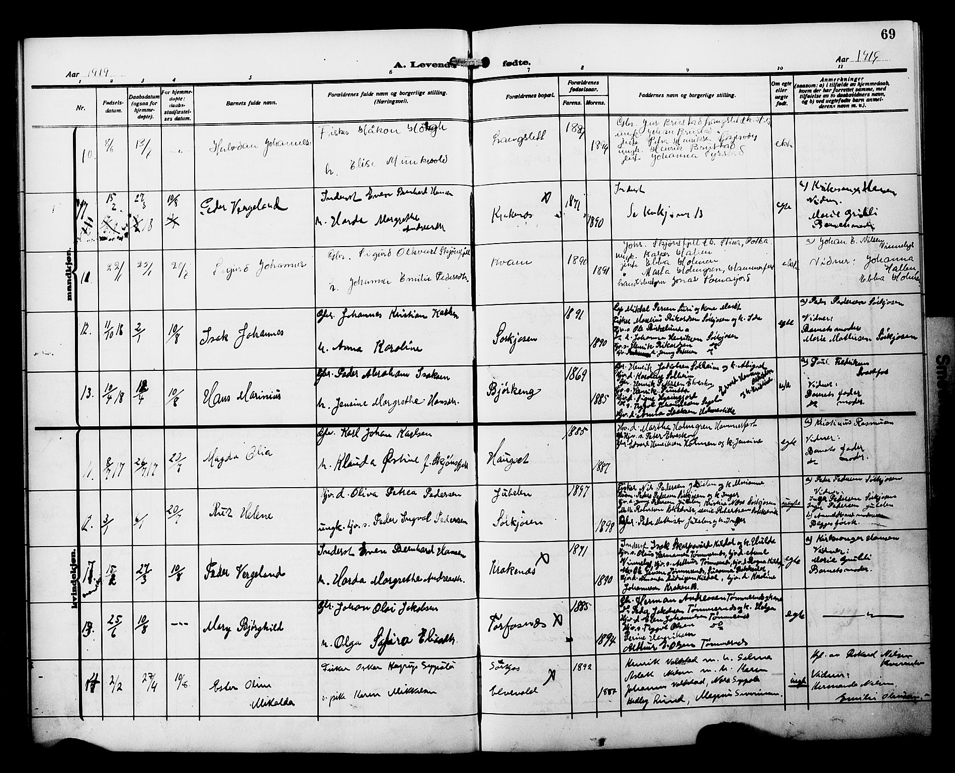 Skjervøy sokneprestkontor, AV/SATØ-S-1300/H/Ha/Hab/L0022klokker: Parish register (copy) no. 22, 1910-1926, p. 69