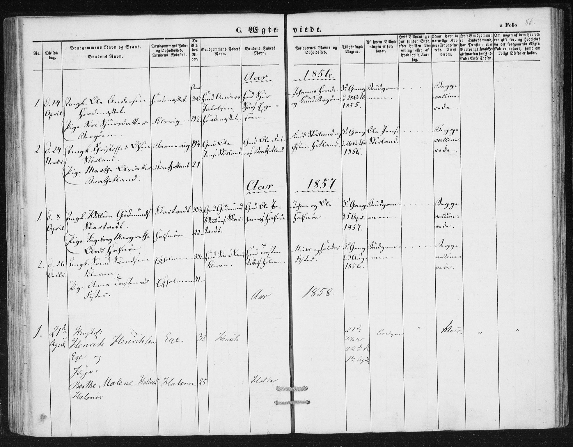 Hjelmeland sokneprestkontor, SAST/A-101843/01/IV/L0010: Parish register (official) no. A 10, 1851-1871, p. 86