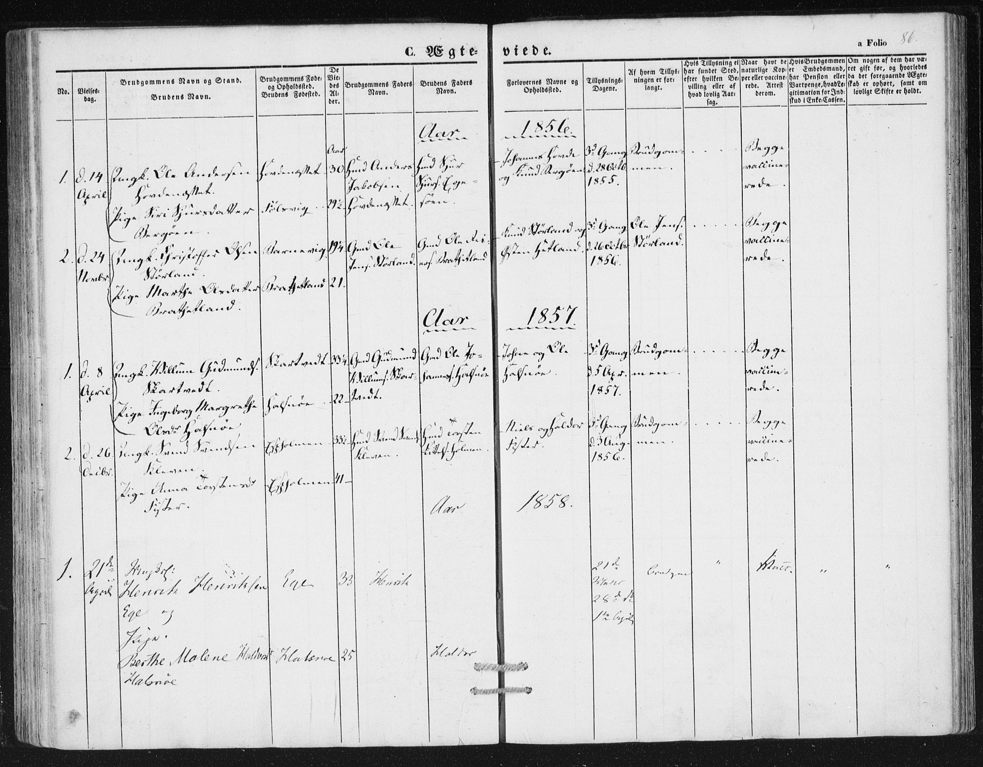 Hjelmeland sokneprestkontor, AV/SAST-A-101843/01/IV/L0010: Parish register (official) no. A 10, 1851-1871, p. 86