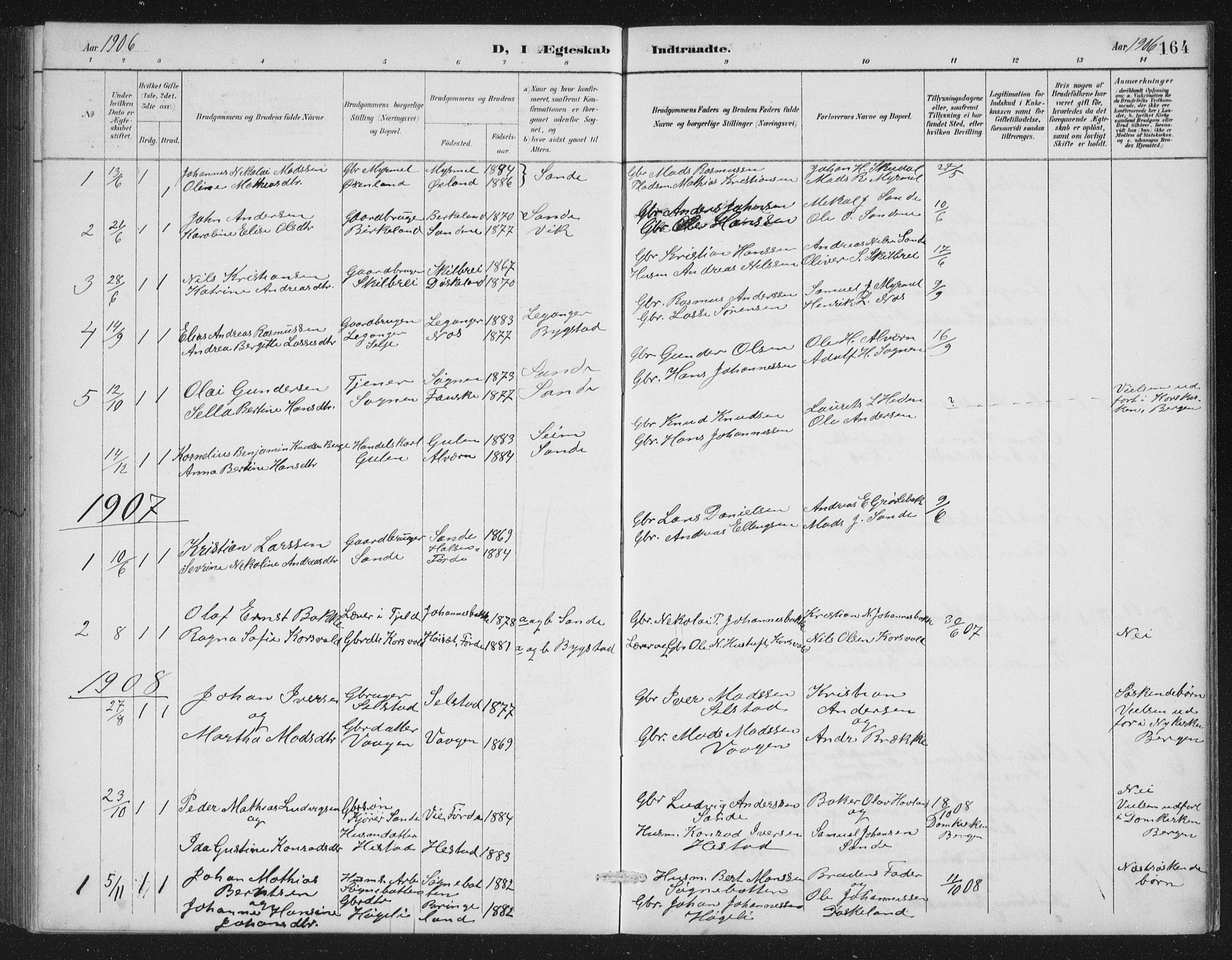 Gaular sokneprestembete, SAB/A-80001/H/Hab: Parish register (copy) no. A 4, 1889-1912, p. 164