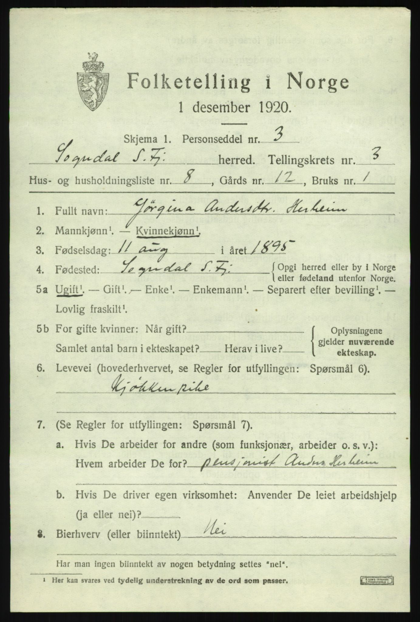 SAB, 1920 census for Sogndal, 1920, p. 2197