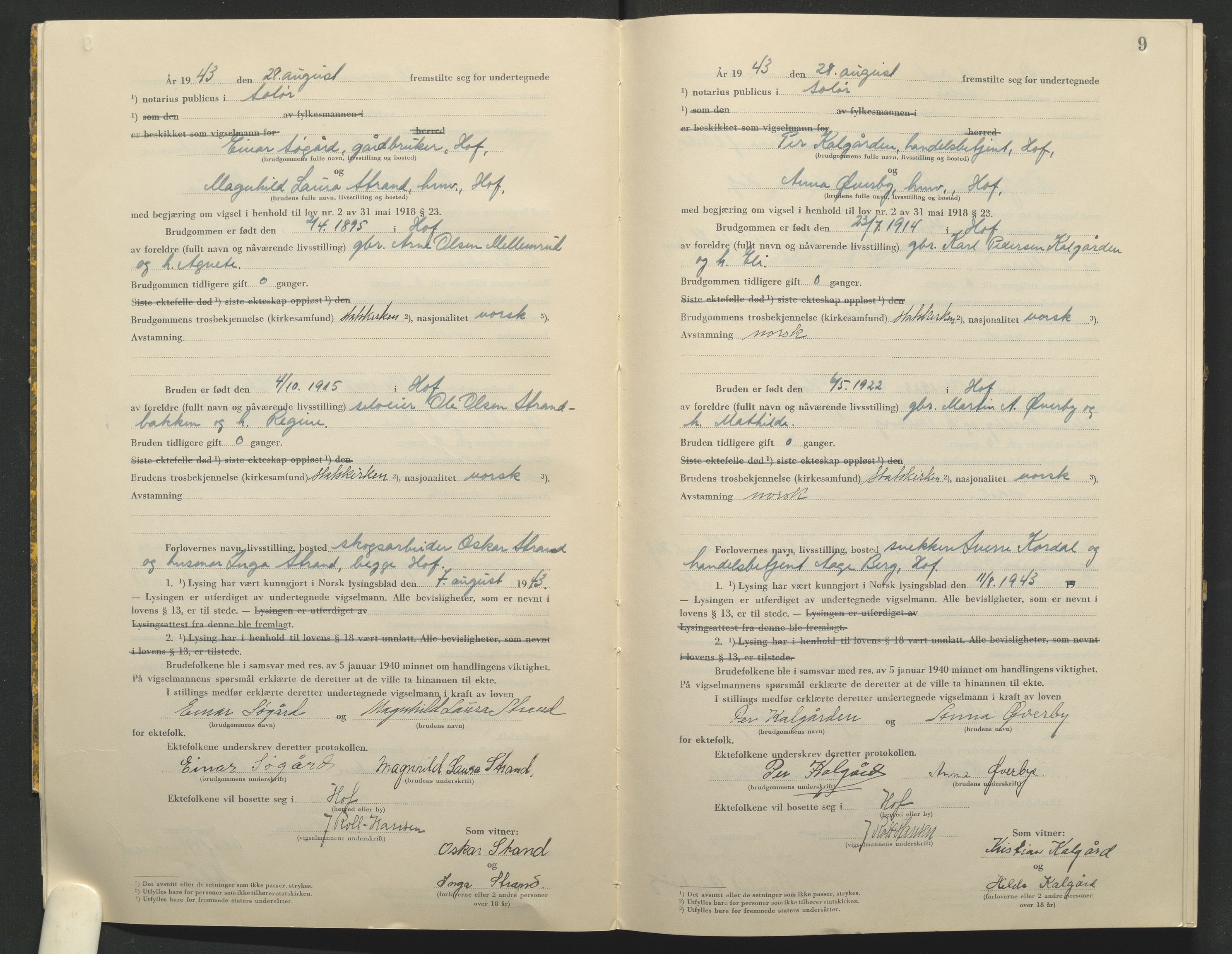 Solør tingrett, AV/SAH-TING-008/L/Lb/L0002: Vigselprotokoll, 1943-1944, p. 9