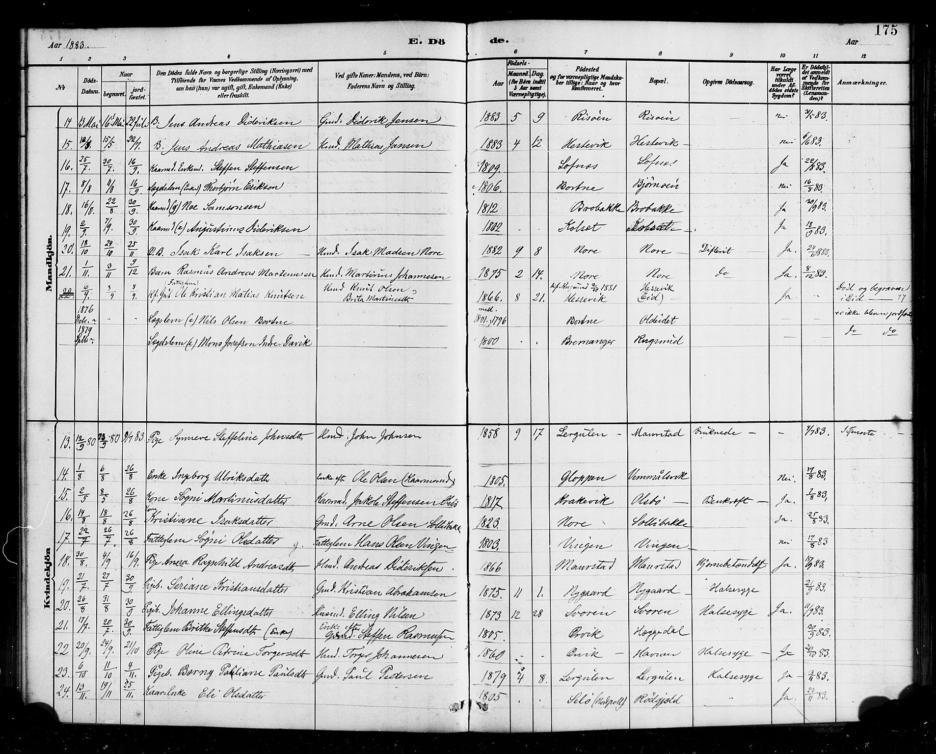 Davik sokneprestembete, AV/SAB-A-79701/H/Haa/Haad/L0001: Parish register (official) no. D 1, 1882-1900, p. 175