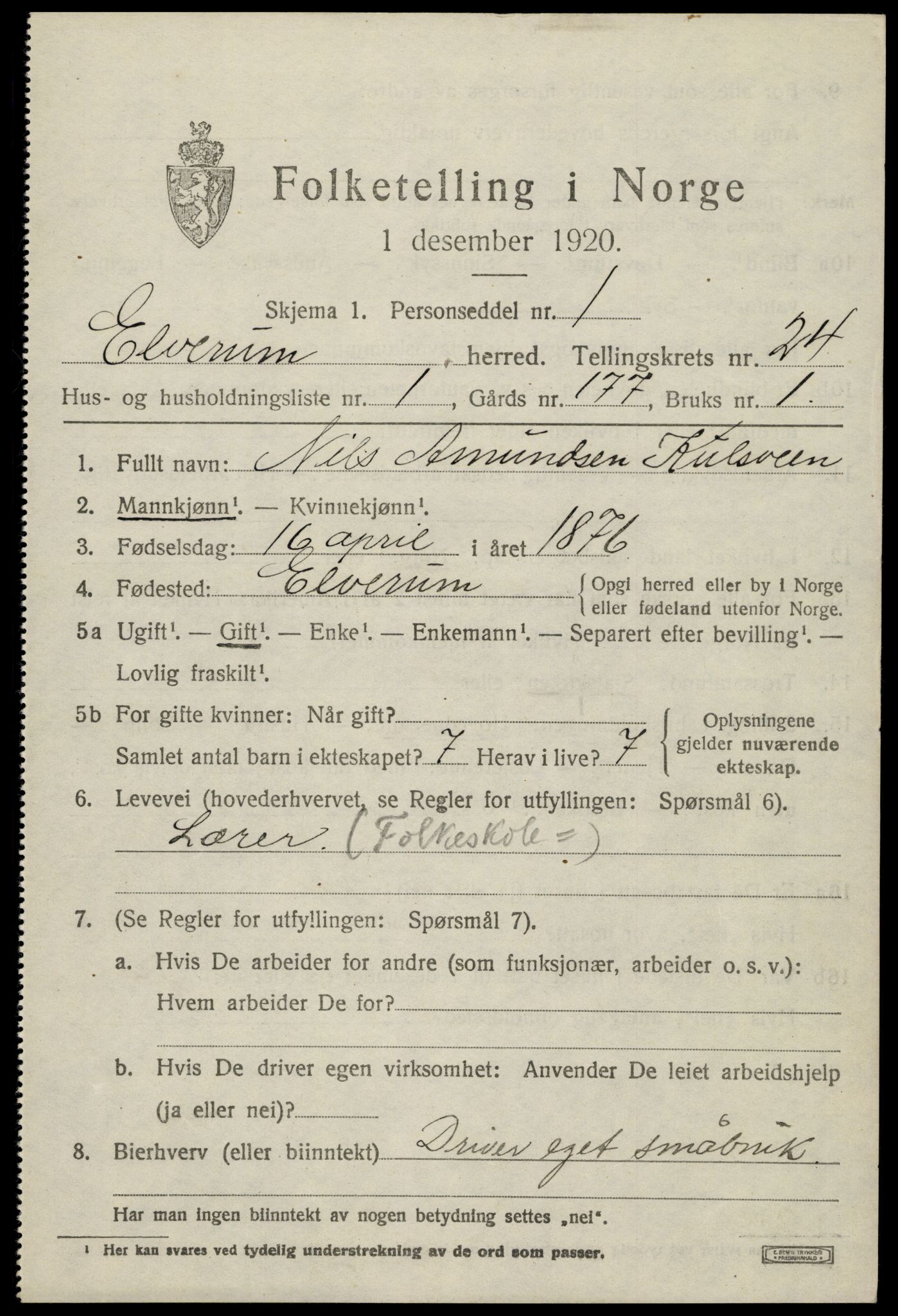 SAH, 1920 census for Elverum, 1920, p. 25510