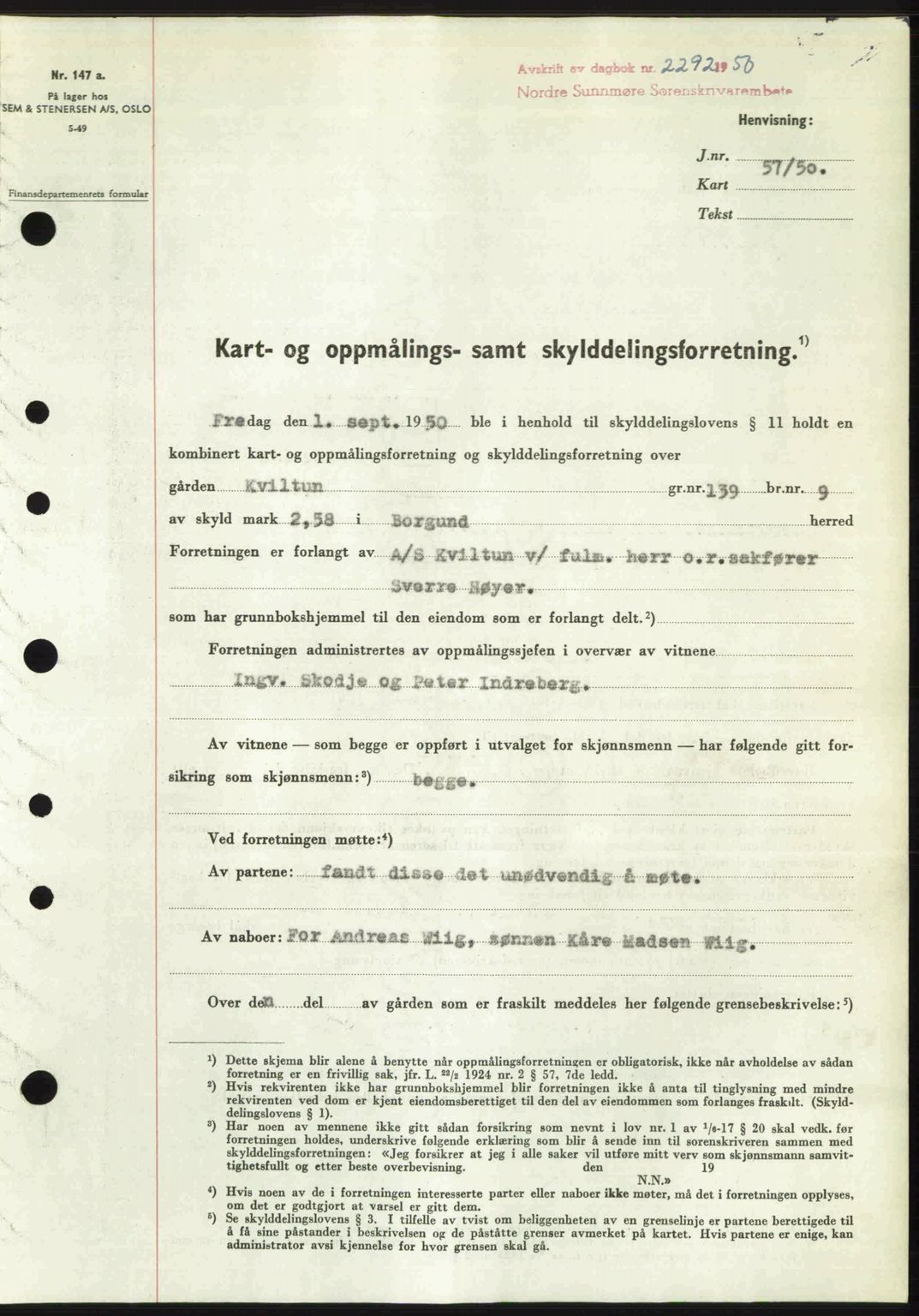 Nordre Sunnmøre sorenskriveri, AV/SAT-A-0006/1/2/2C/2Ca: Mortgage book no. A36, 1950-1950, Diary no: : 2292/1950