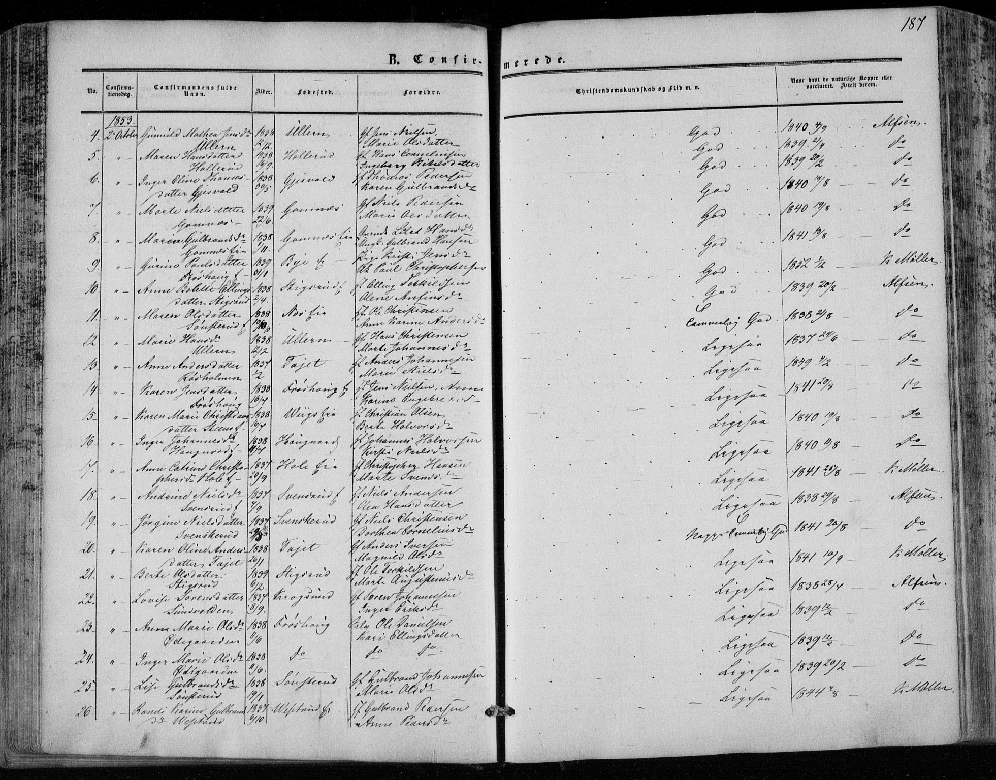Hole kirkebøker, SAKO/A-228/F/Fa/L0006: Parish register (official) no. I 6, 1852-1872, p. 187