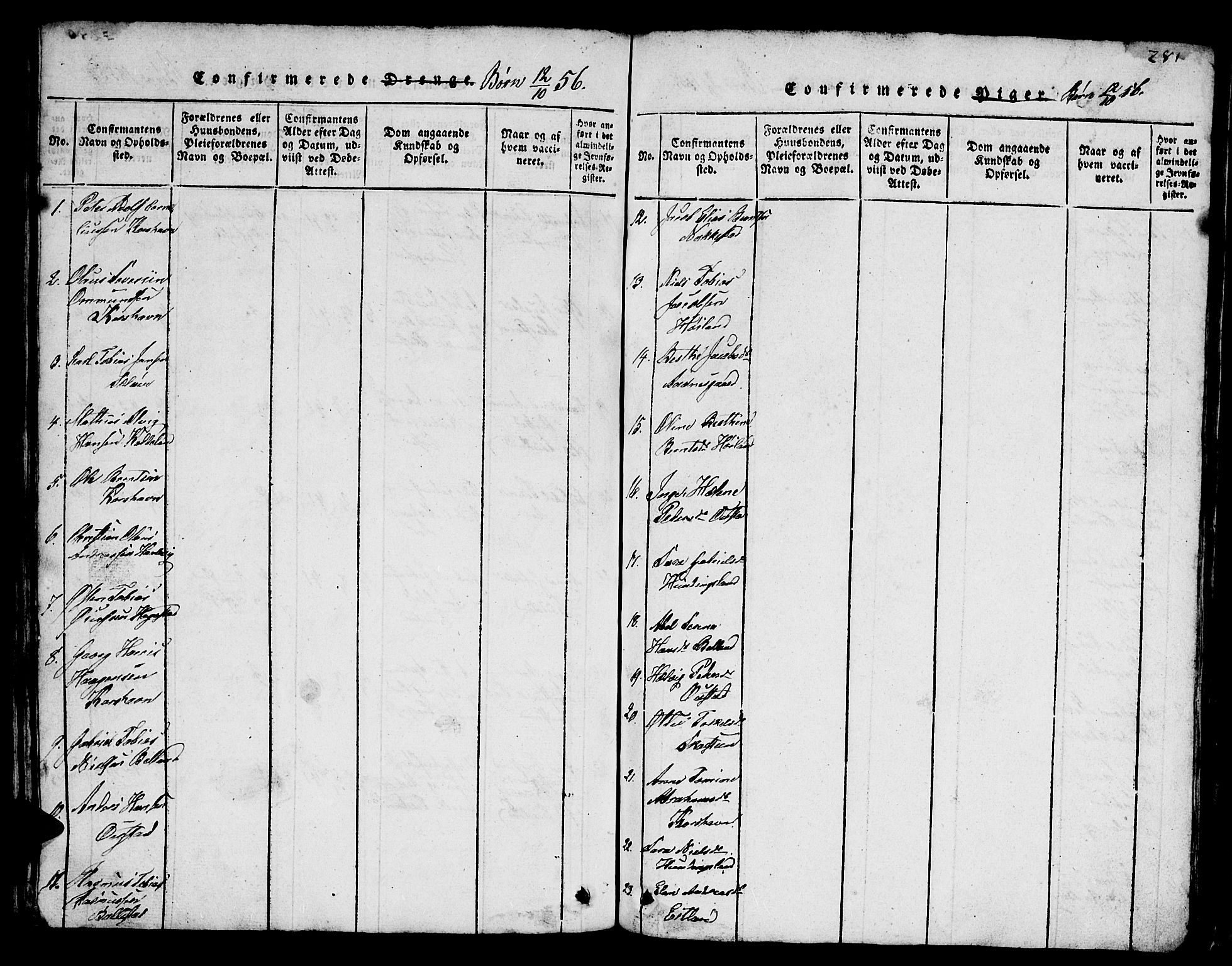 Lyngdal sokneprestkontor, SAK/1111-0029/F/Fb/Fba/L0001: Parish register (copy) no. B 1, 1816-1876, p. 281