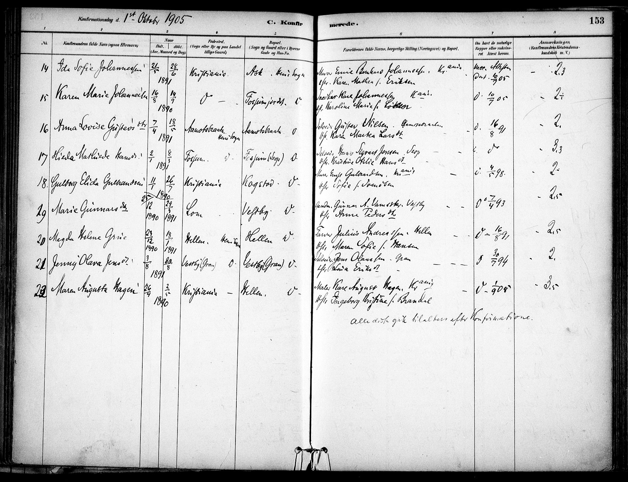Gjerdrum prestekontor Kirkebøker, SAO/A-10412b/F/Fb/L0001: Parish register (official) no. II 1, 1881-1921, p. 153