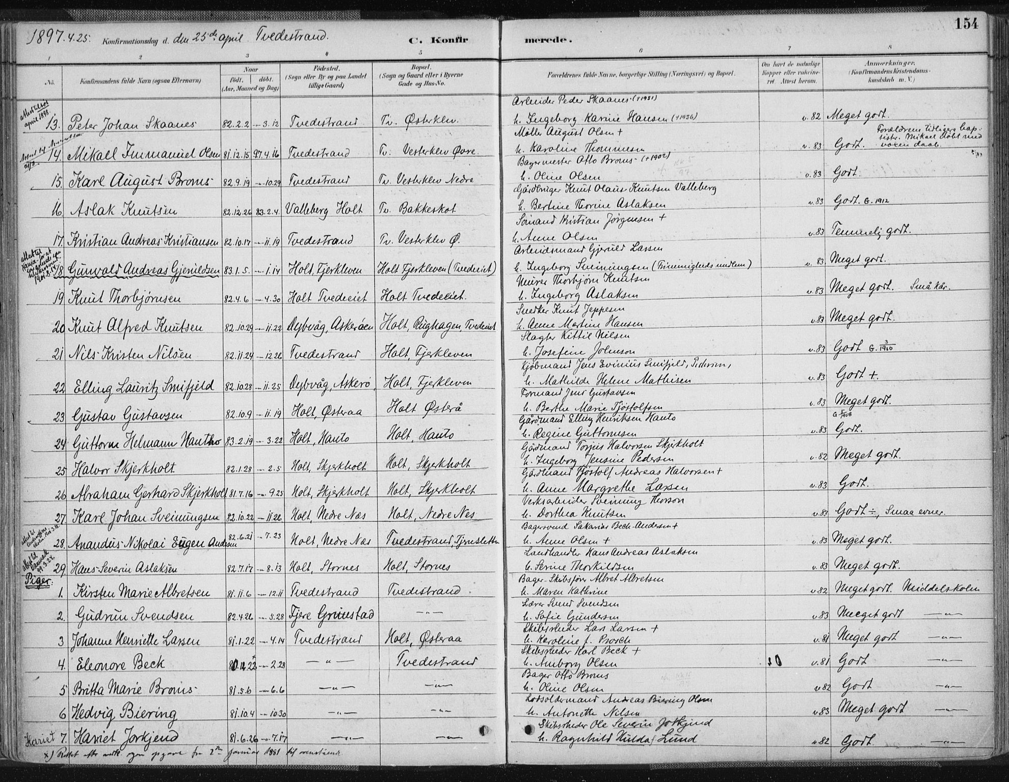 Tvedestrand sokneprestkontor, SAK/1111-0042/F/Fa/L0001: Parish register (official) no. A 1, 1885-1916, p. 154