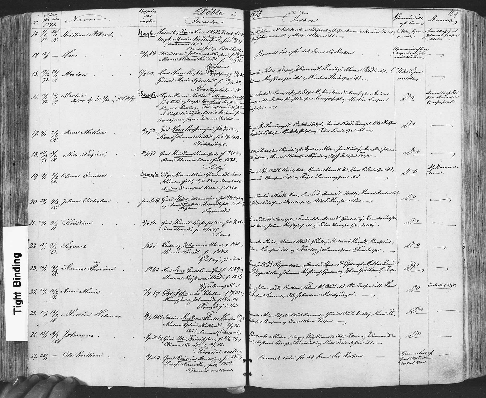 Rakkestad prestekontor Kirkebøker, AV/SAO-A-2008/F/Fa/L0011: Parish register (official) no. I 11, 1862-1877, p. 169