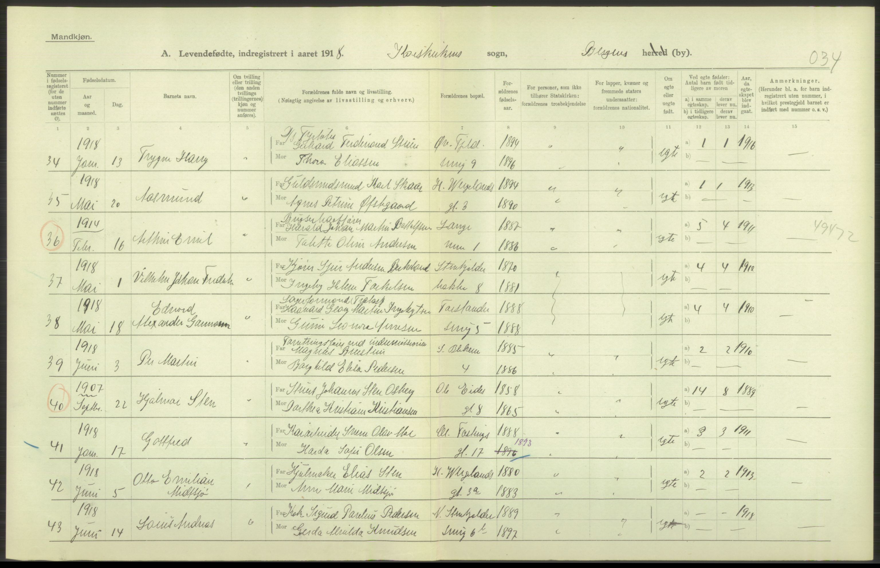 Statistisk sentralbyrå, Sosiodemografiske emner, Befolkning, AV/RA-S-2228/D/Df/Dfb/Dfbh/L0037: Bergen: Levendefødte menn og kvinner., 1918, p. 520