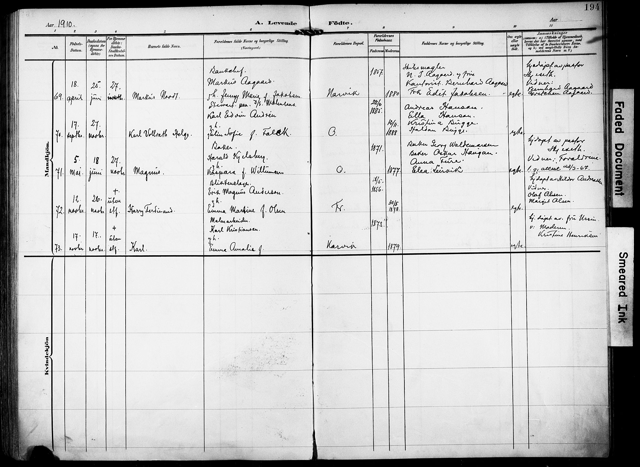 Ministerialprotokoller, klokkerbøker og fødselsregistre - Nordland, AV/SAT-A-1459/871/L0994: Parish register (official) no. 871A10, 1902-1910, p. 194