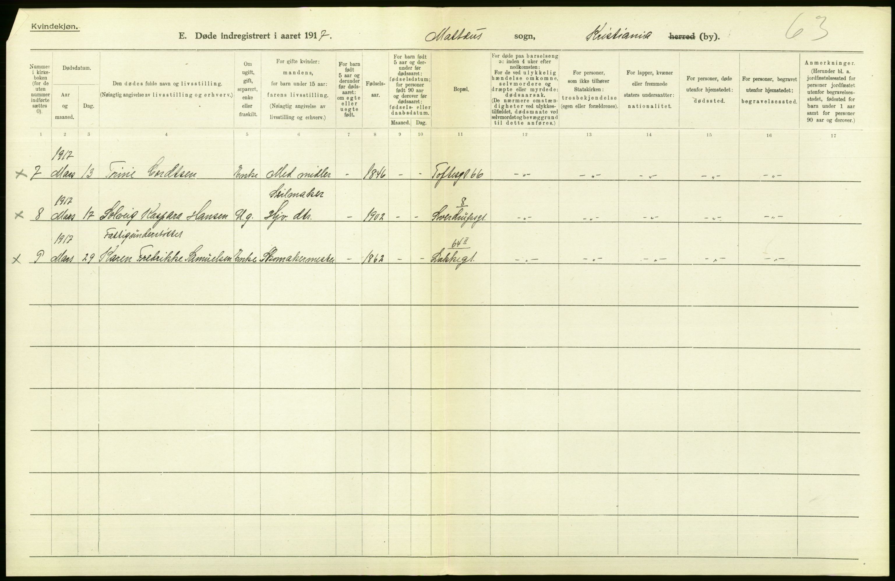 Statistisk sentralbyrå, Sosiodemografiske emner, Befolkning, AV/RA-S-2228/D/Df/Dfb/Dfbg/L0010: Kristiania: Døde, 1917, p. 168